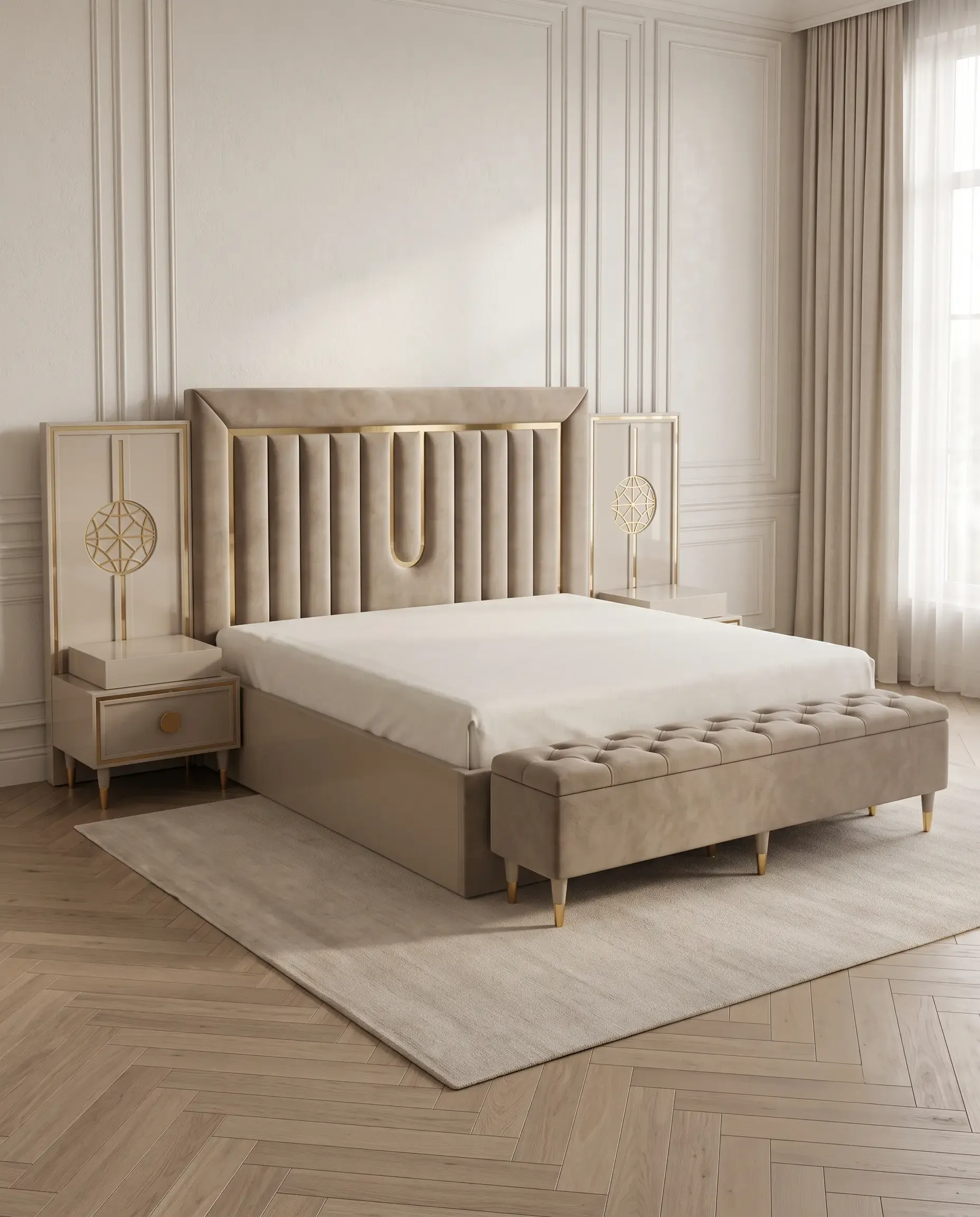 Palais Arched Channel Tufted King Bed Frame in Warm Beige Velvet