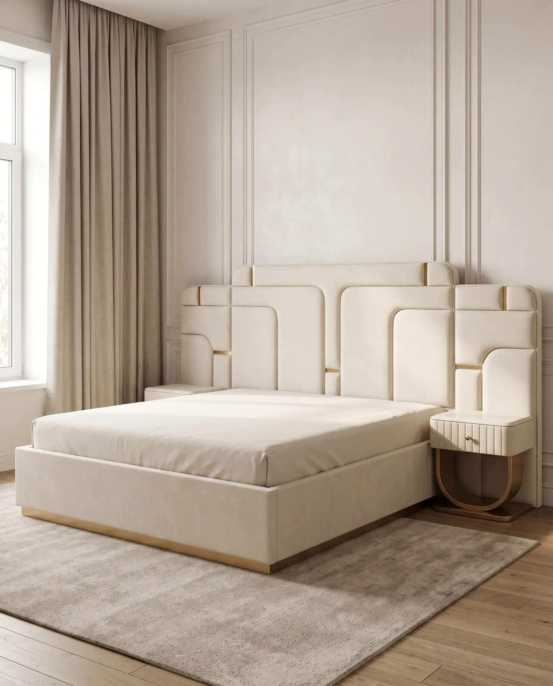 Kyoto Architectural Low-Profile Platform King Bed in Textured Beige Boucle