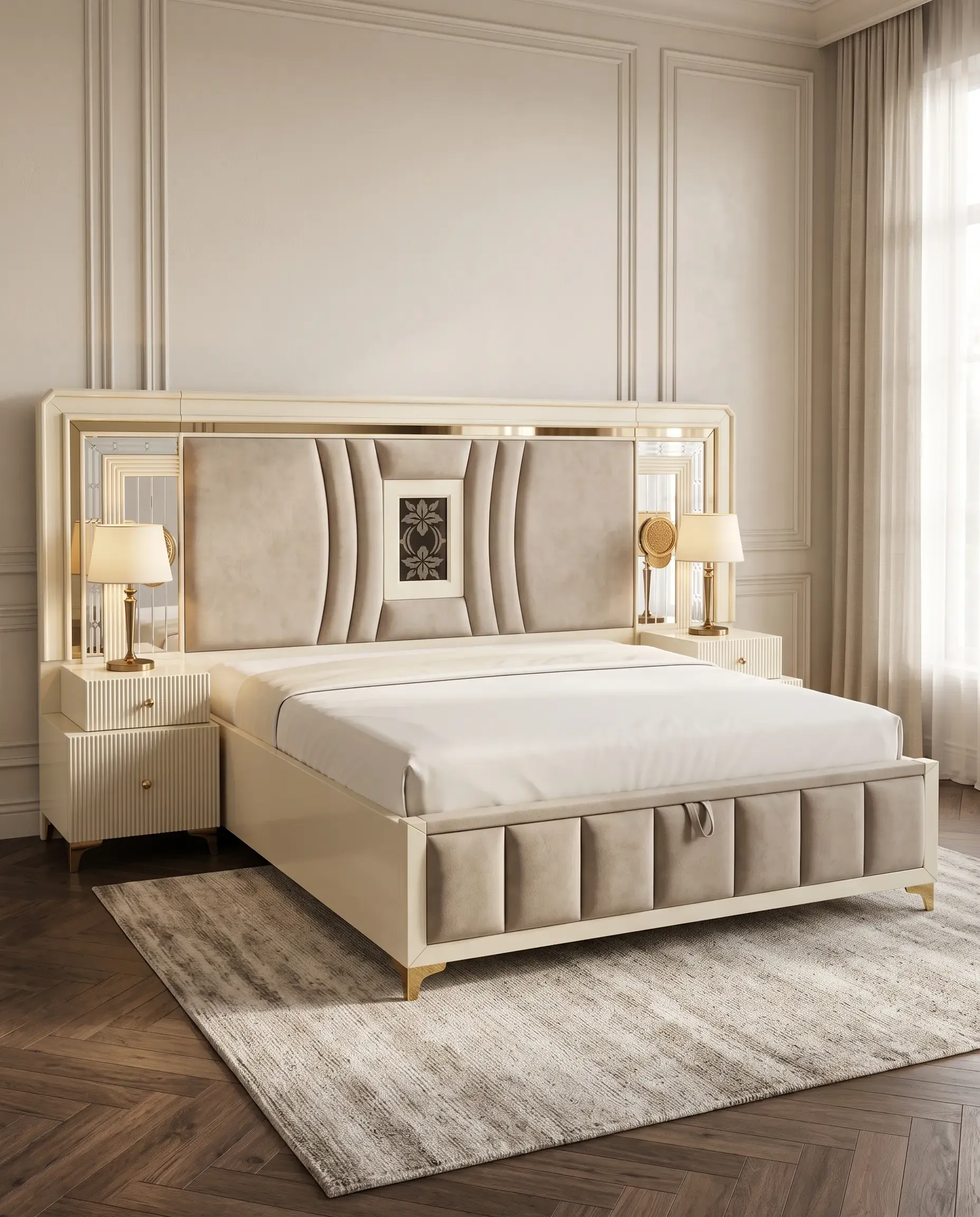 Serenade King Bed with Integrated Upholstered Footboard Bench and Storage in Off-White
