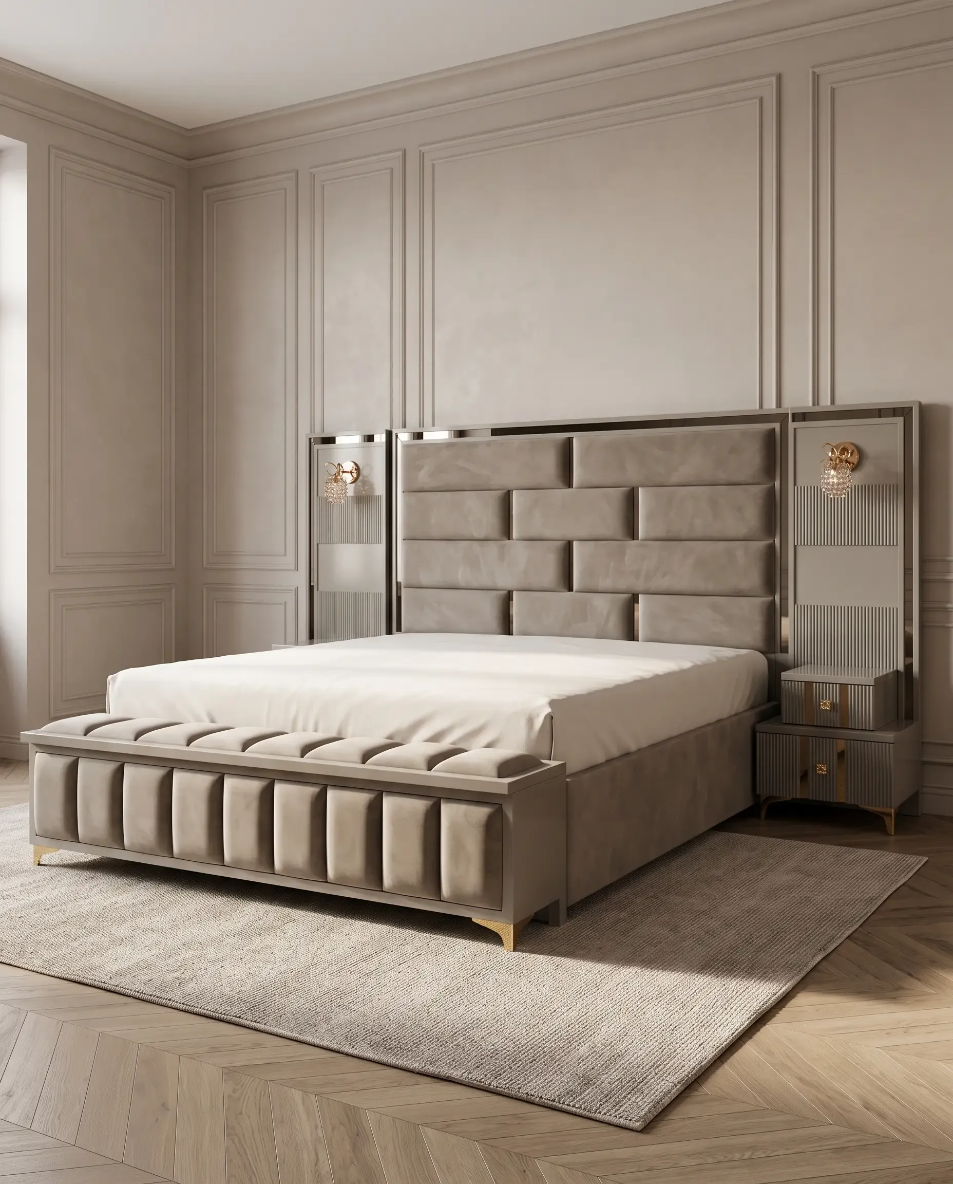 Mason Modern Brick Pattern Geometric Padded Headboard King Bed in Charcoal Grey