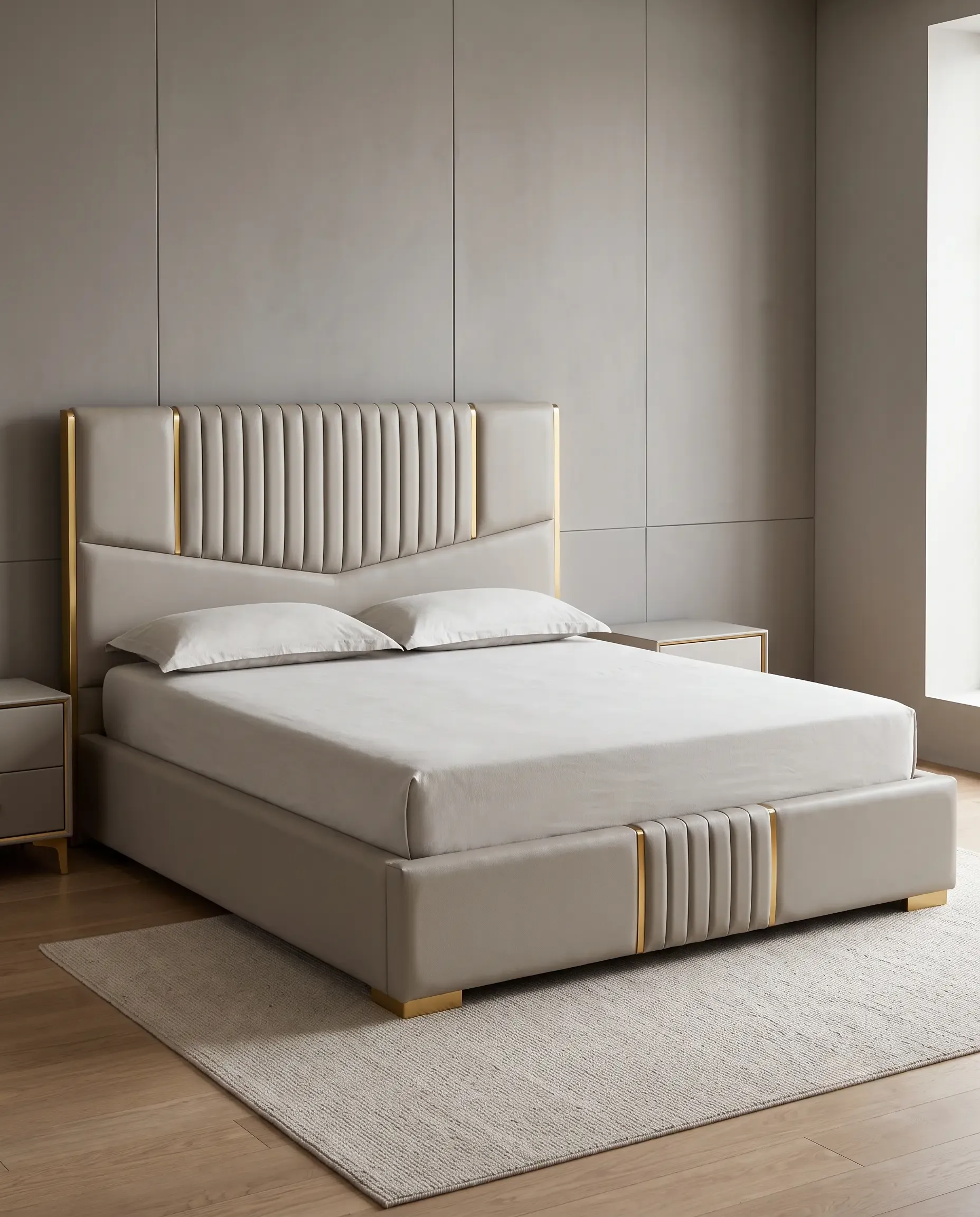 Aura Channel Tufted High-Back King Bed with Brushed Gold Inlay Trims in Grey Velvet