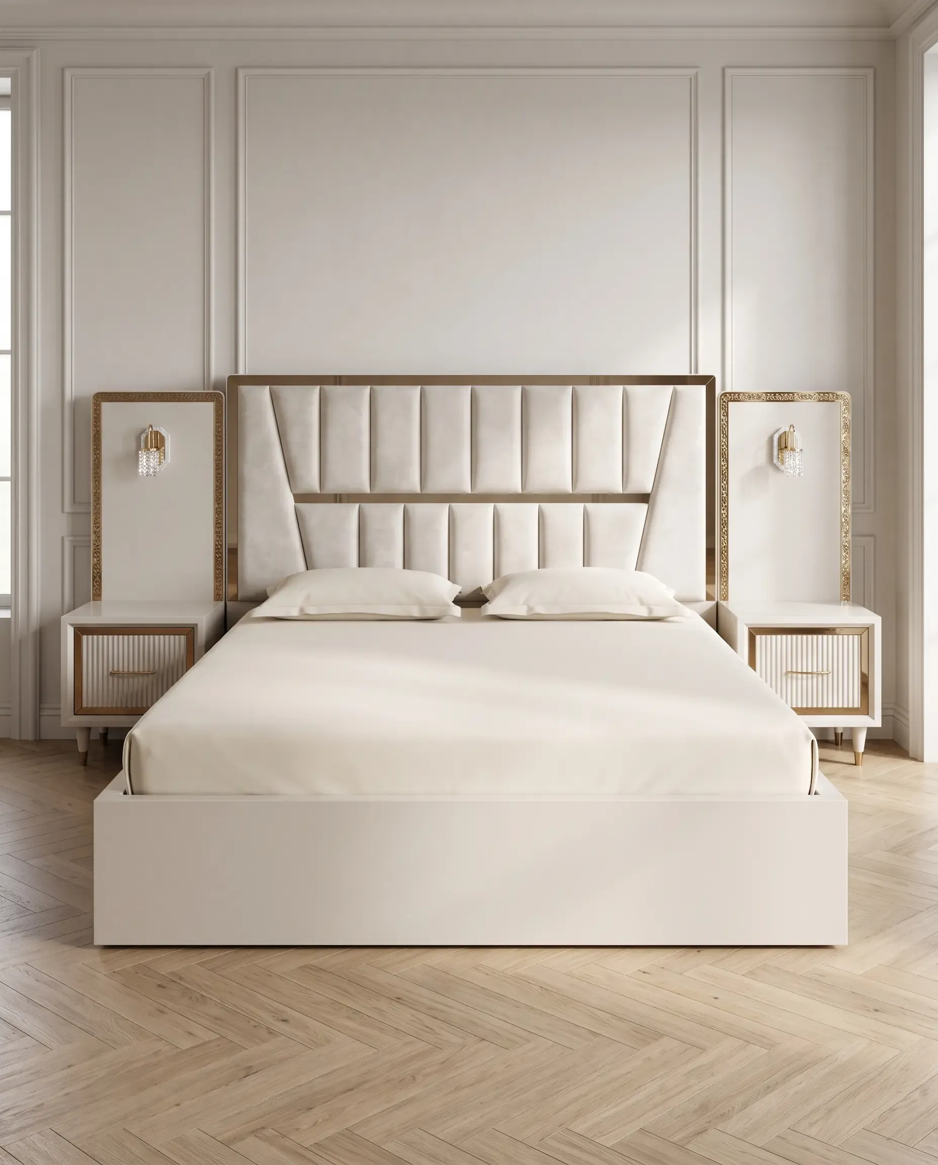Belgravia Full Wall Extended Panel Headboard King Bed with Nightstand Wings in Cream Linen