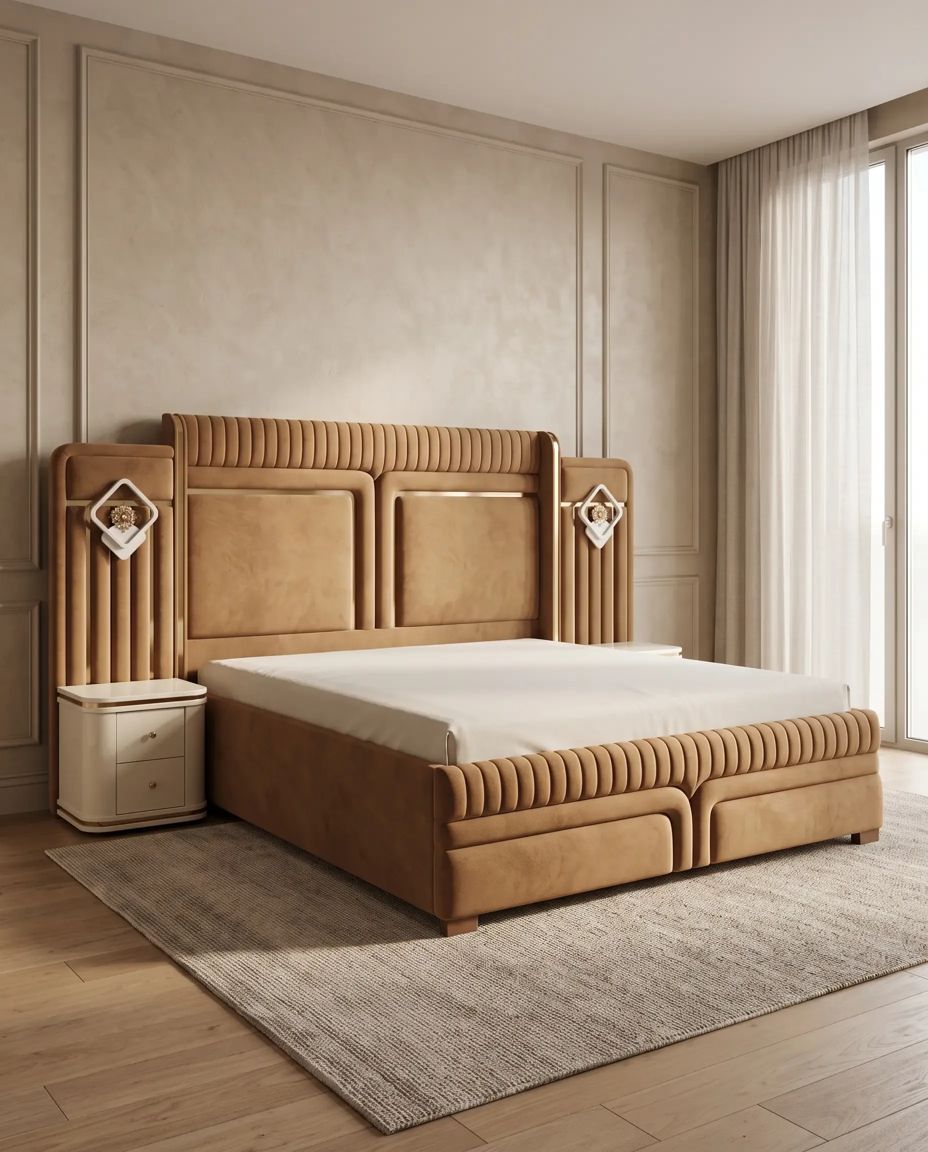 Savile Fluted Channel Headboard King Bed in Rich Camel Brown Leatherette