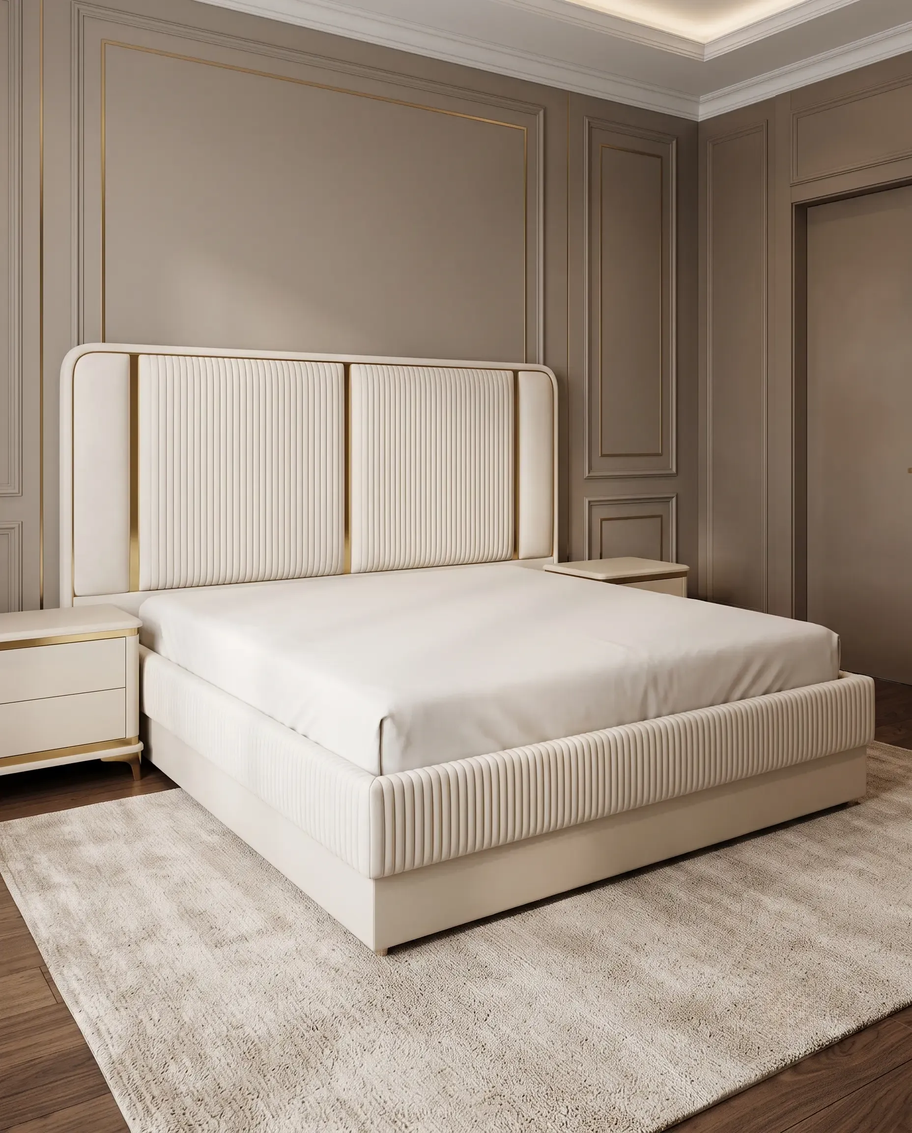 Elysian Wave Fluted Padded Headboard King Bed in Warm Cream Boucle
