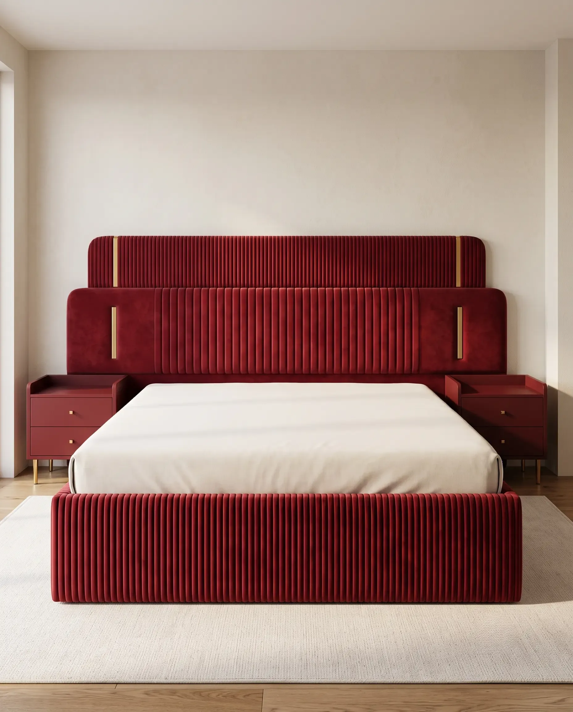 Sultana Fluted Vertical Padded Headboard King Bed in Royal Maroon Velvet — View 1