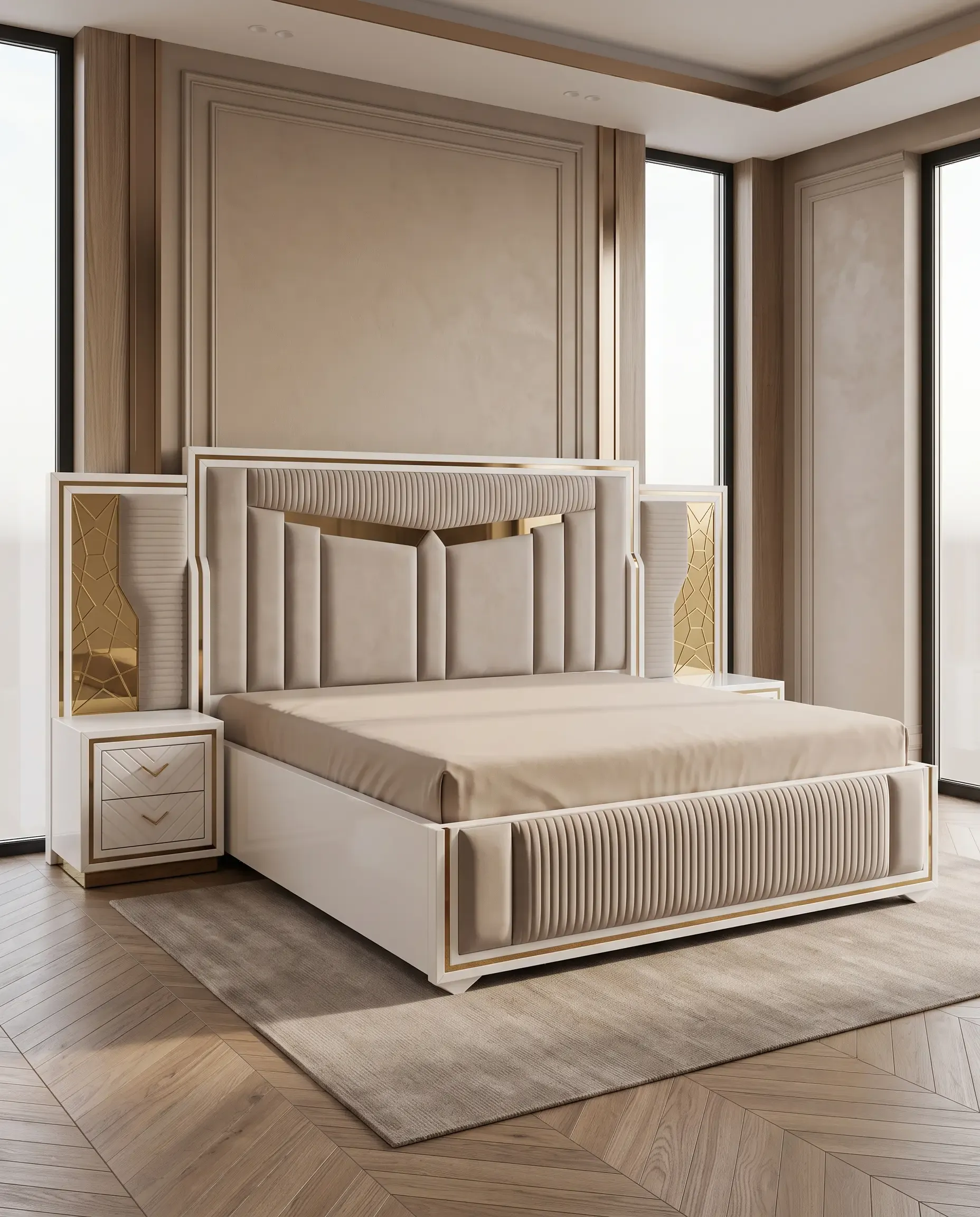 Custom Solid Wood Beds — Stepped Arch Beige King Bed by Rajindra Furniture New Delhi