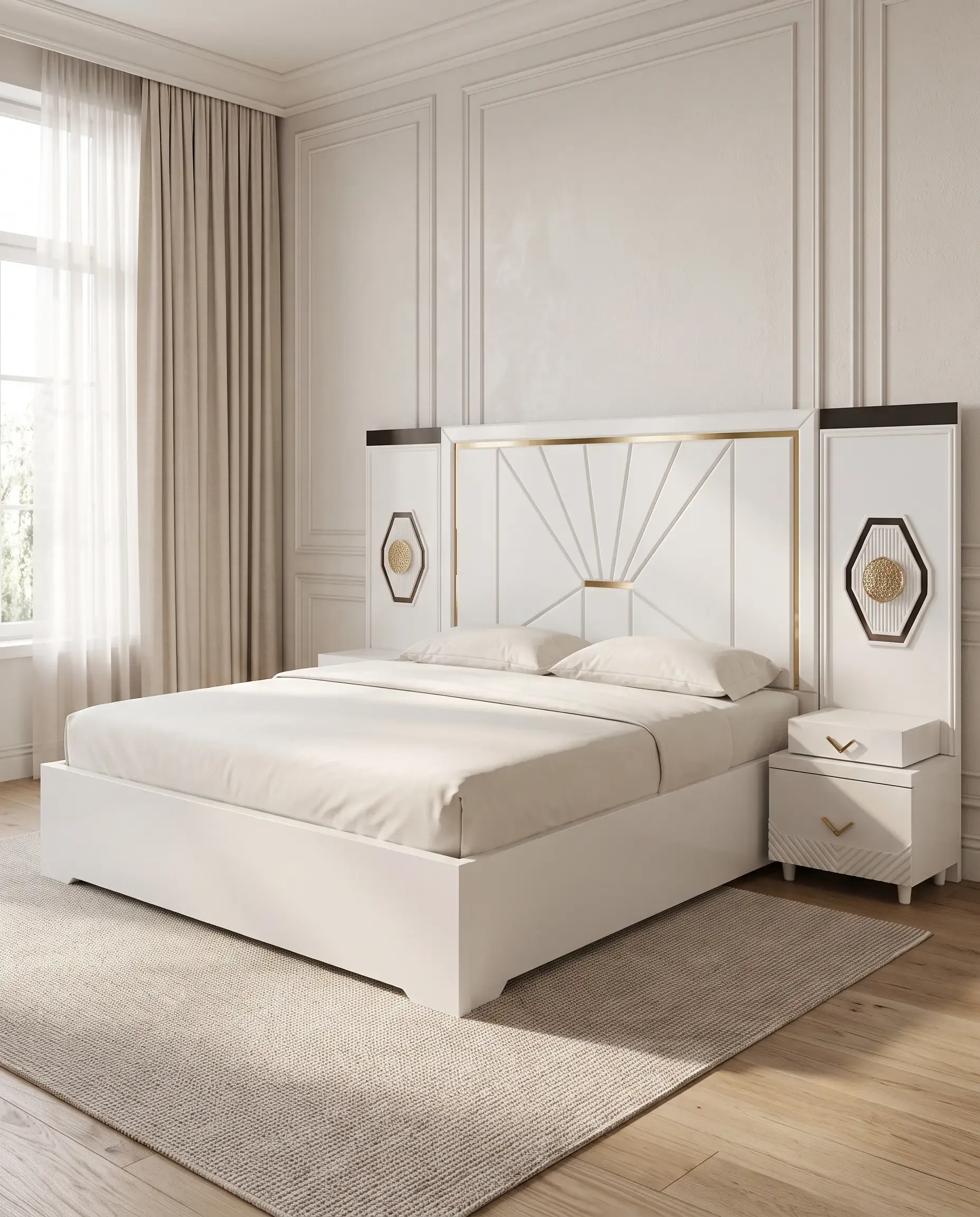 Solstice Radial Sunburst Headboard King Bed with Radiant Brushed Gold Accents in White Velvet — View 1