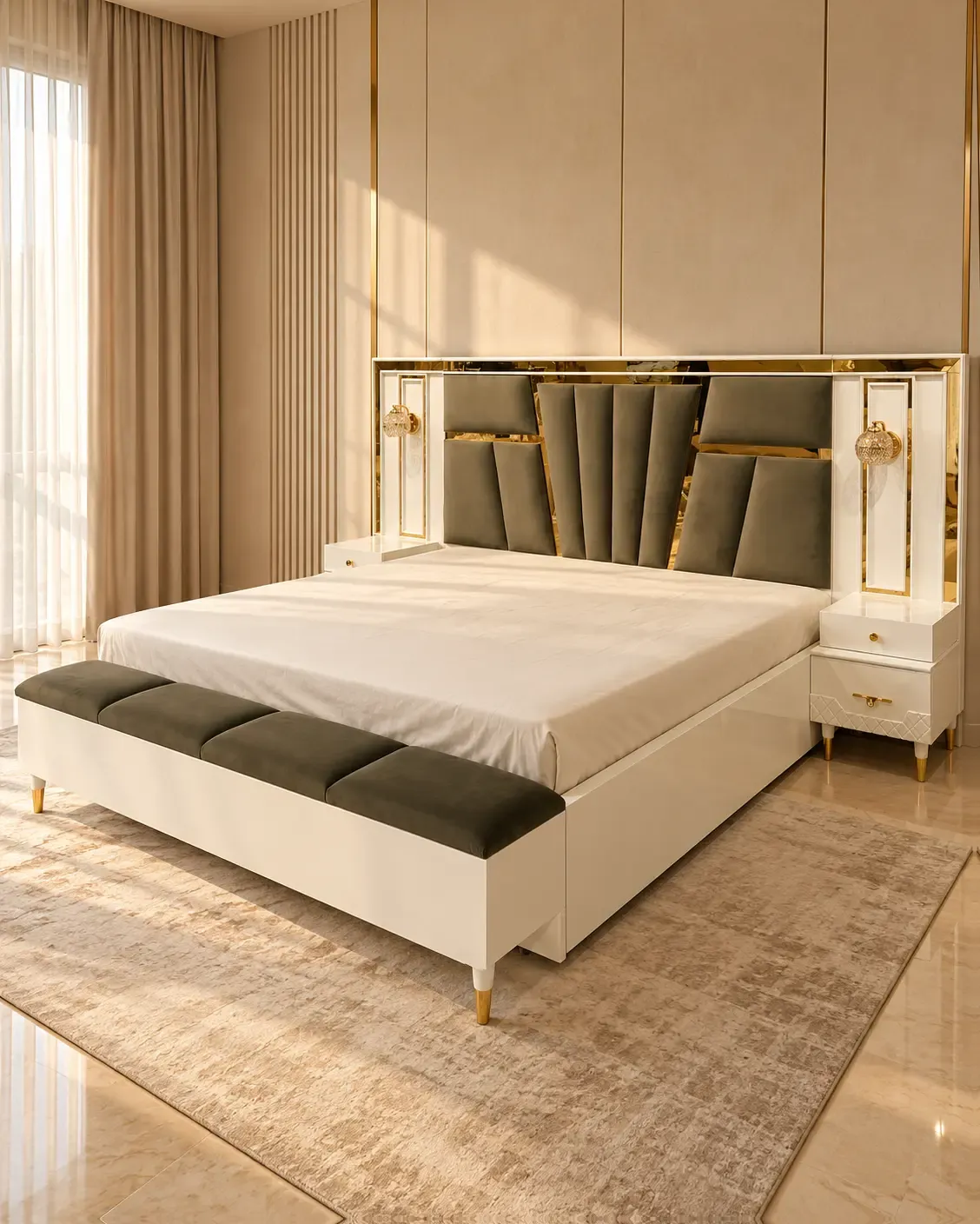 Royale Floor-to-Ceiling Vertical Padded Panel King Bed with Gold Inlays in Ivory Velvet — View 1