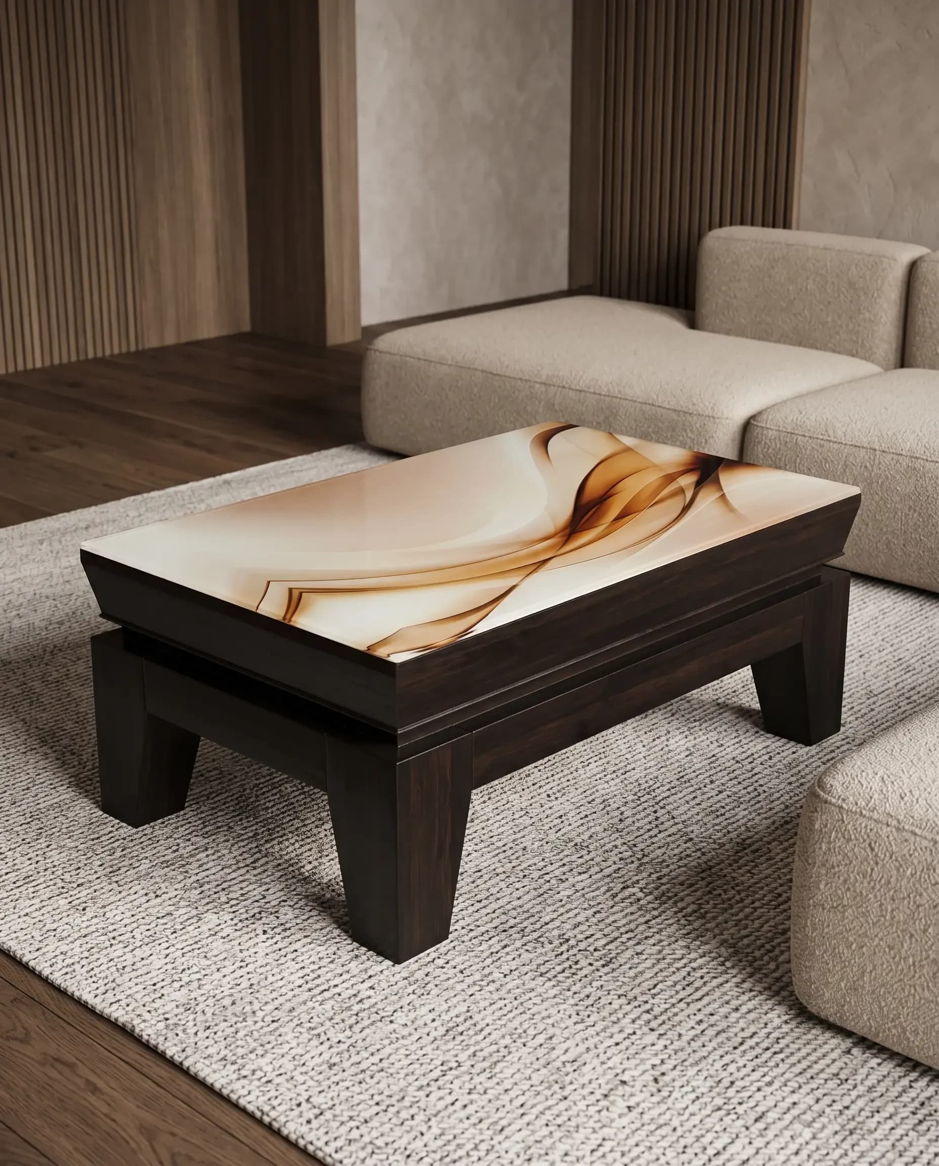 Dark Espresso Teak Wood Centre Table with Amber Resin Glass Top by Rajindra Furniture — View 1
