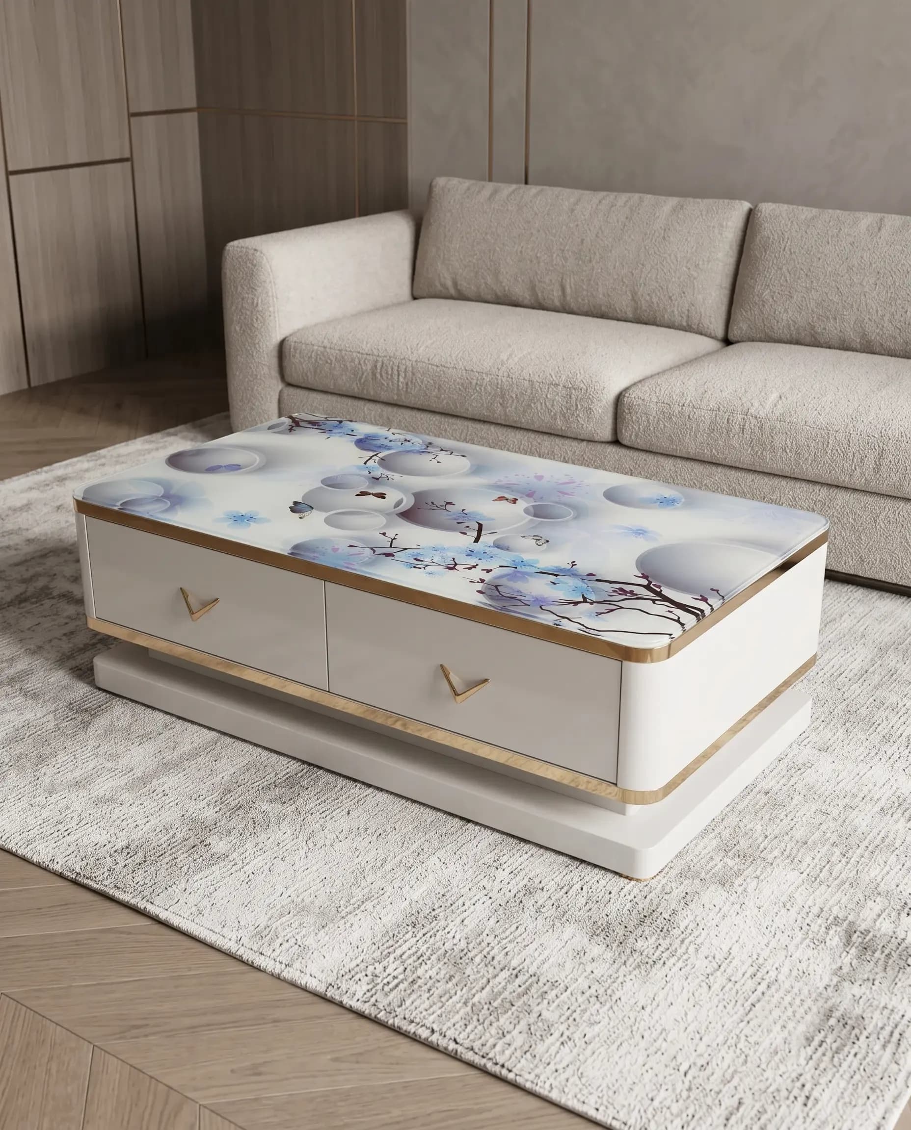 Floral Printed Glass White Lacquer Centre Table with Drawers by Rajindra Furniture
