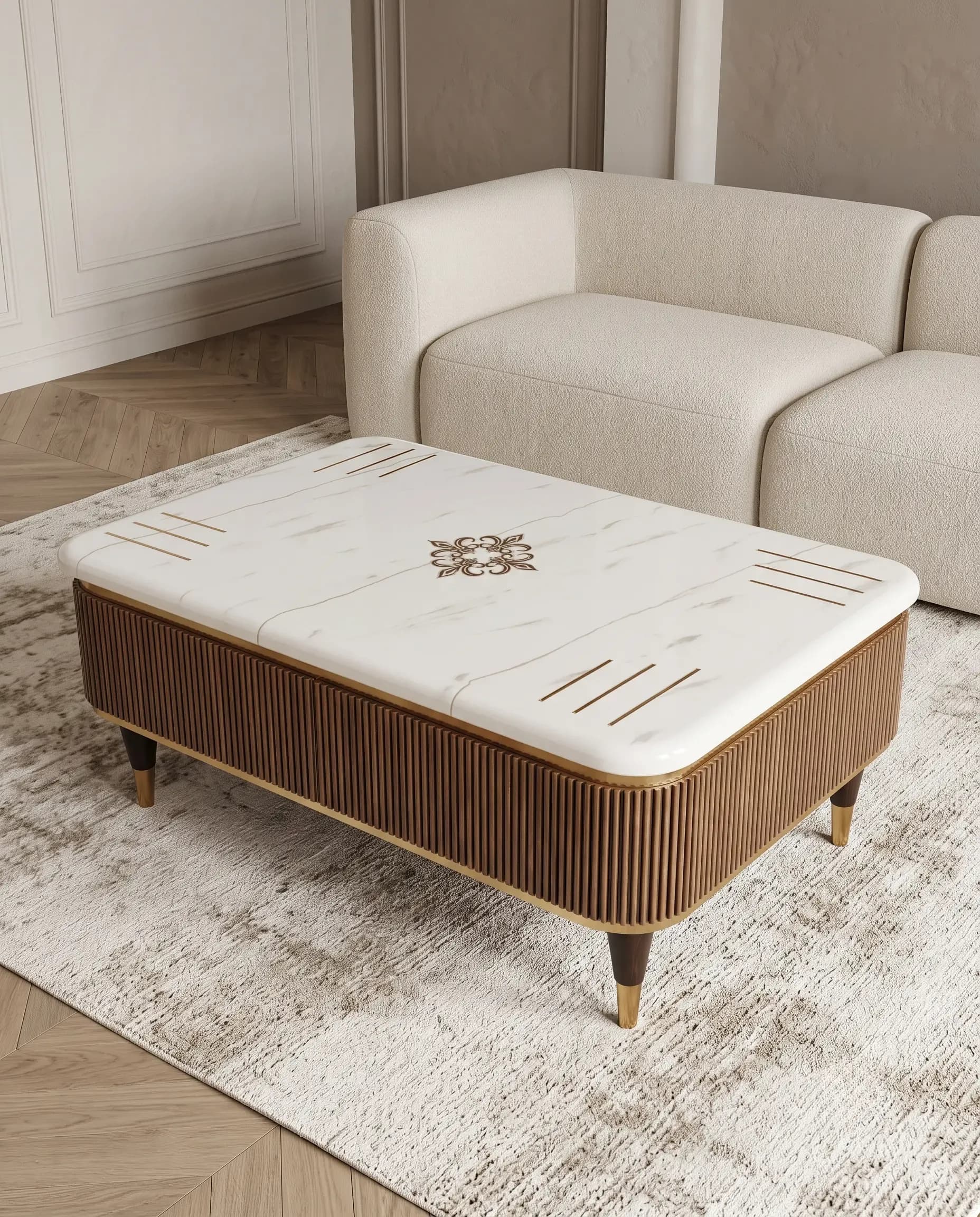 Walnut Fluted White Inlaid Marble Centre Table with Storage Drawers by Rajindra Furniture