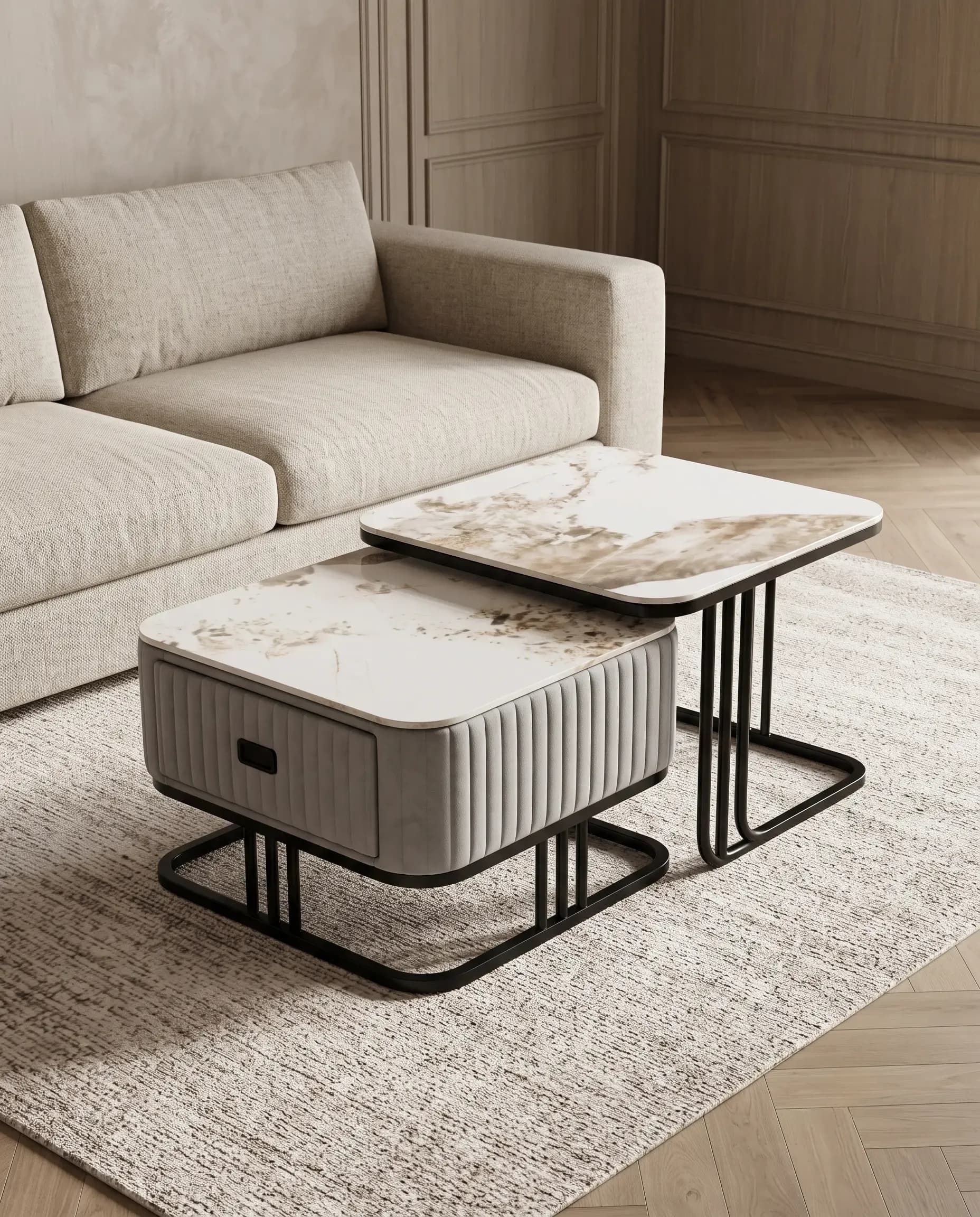 2-Piece Grey Marble Nesting Centre Table Set with Drawer by Rajindra Furniture