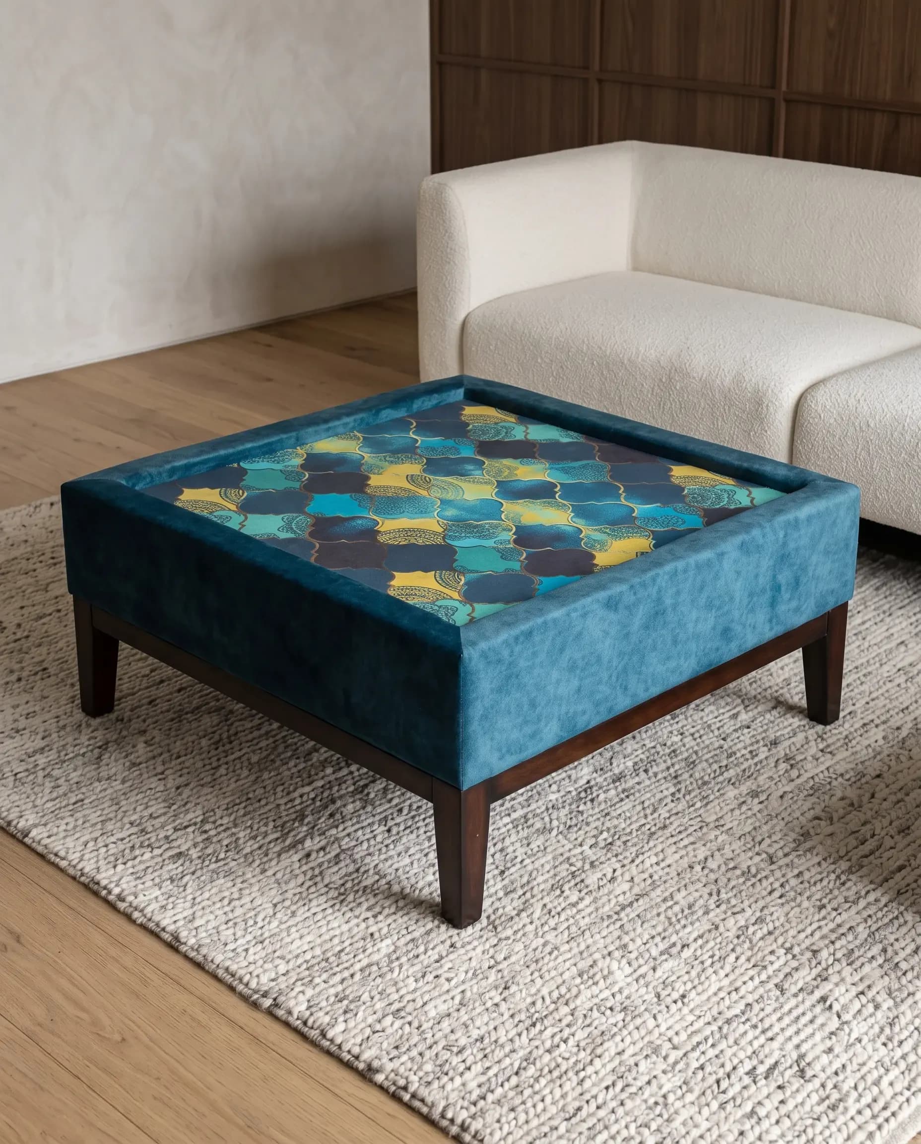 Peacock Teal Velvet Square Cocktail Centre Table with Moroccan Tile by Rajindra Furniture — View 1