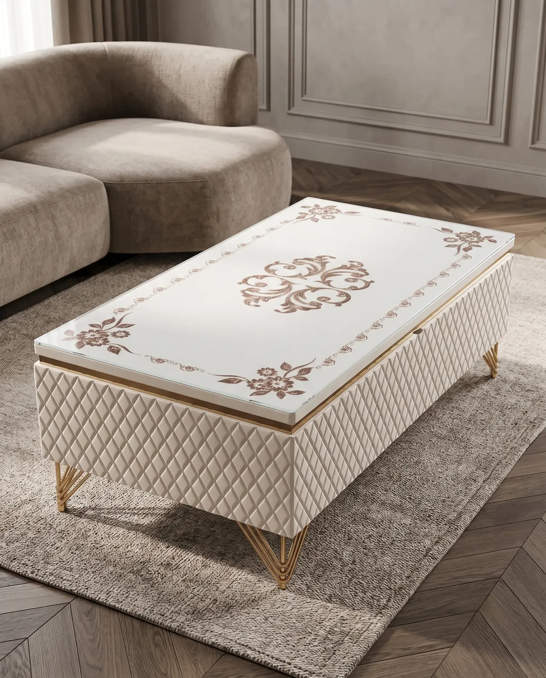 Ivory Diamond-Quilted Upholstered Glass Centre Table with Brass Legs by Rajindra Furniture — View 1