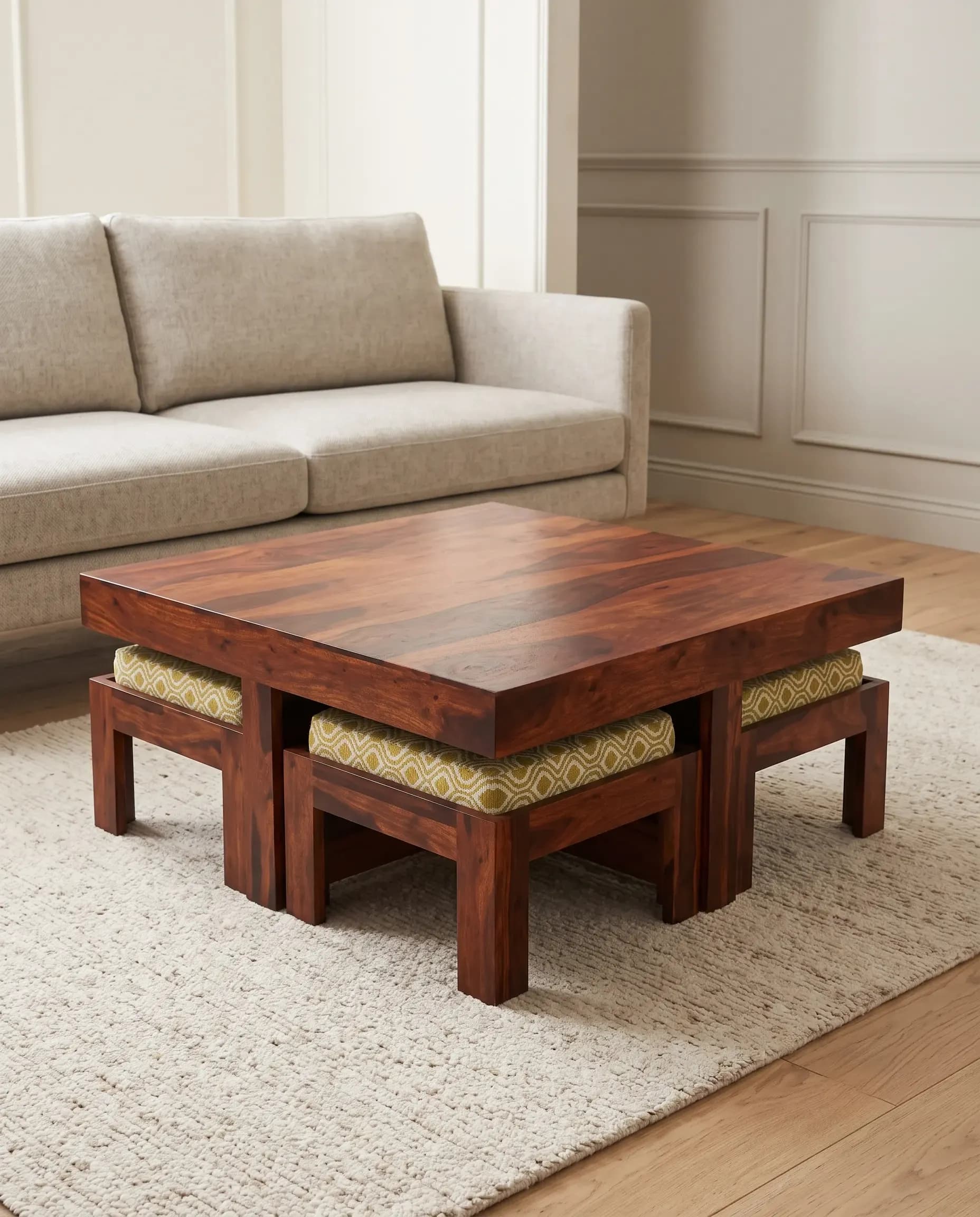 Solid Sheesham Wood Square Centre Table with 4 Nested Stools by Rajindra Furniture