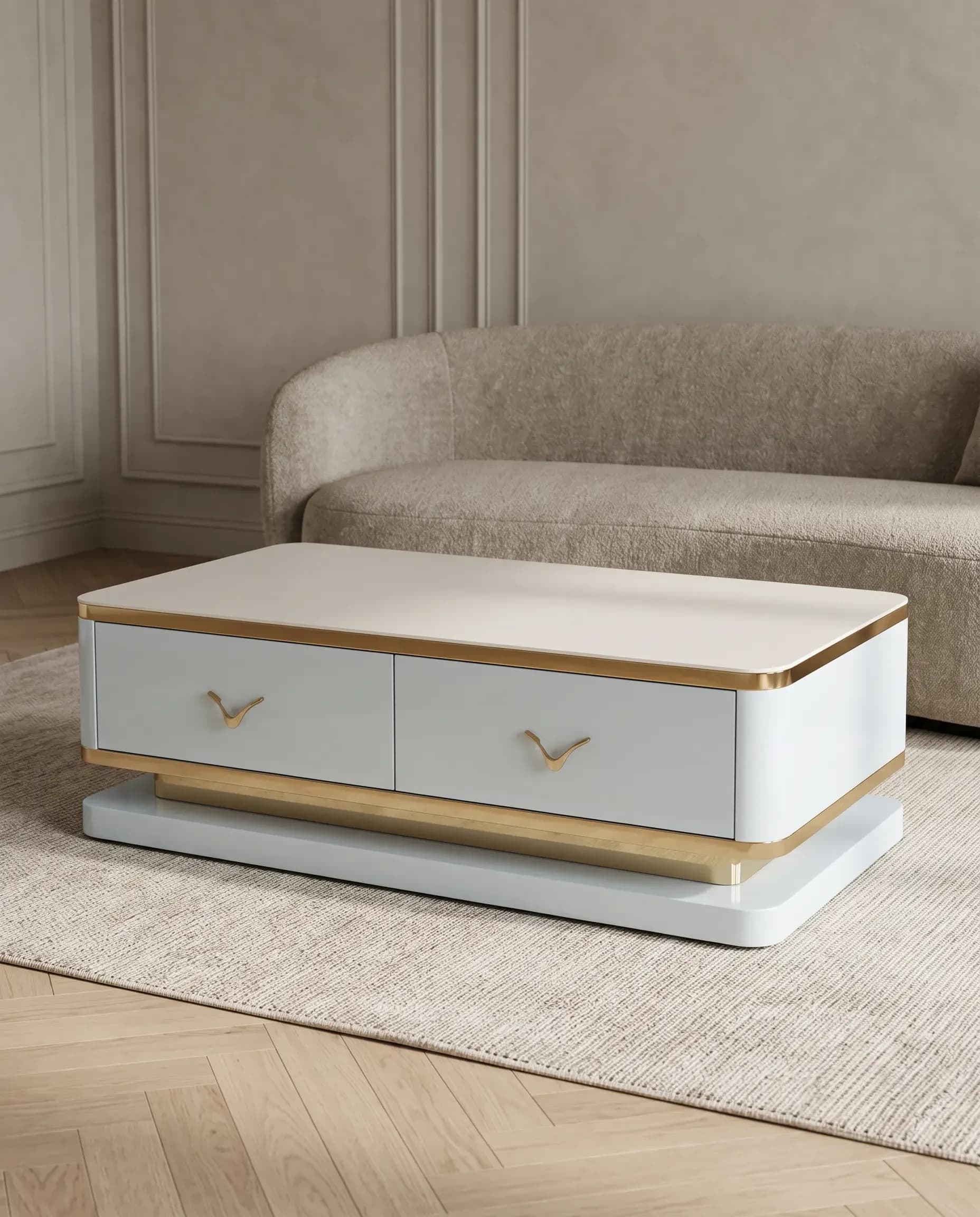 Off-White Sintered Stone Minimalist Plinth Centre Table with Drawers by Rajindra Furniture — View 1
