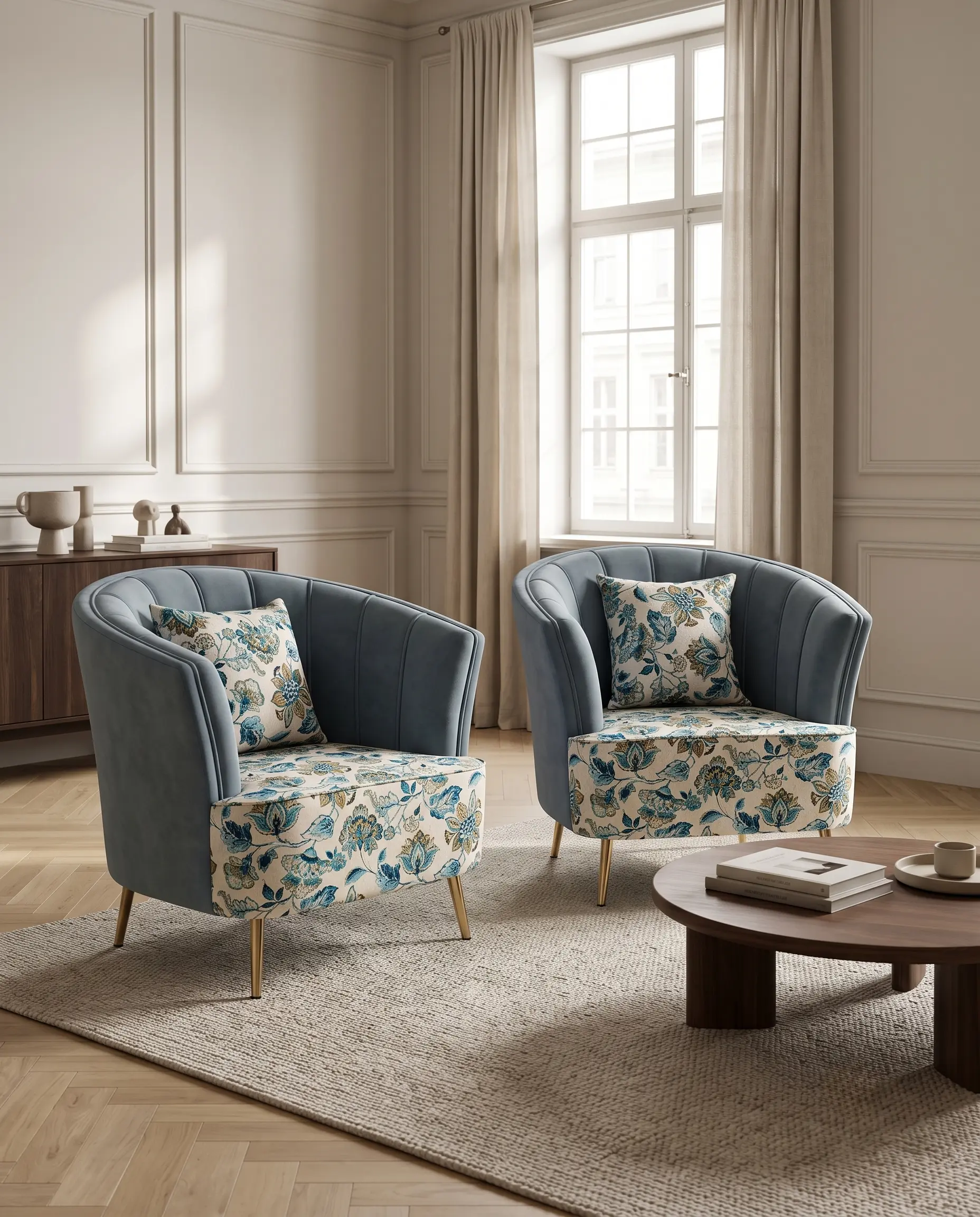 Serenade Fluted Barrel Chair in Slate Blue Velvet with Botanical Floral Print — View 1