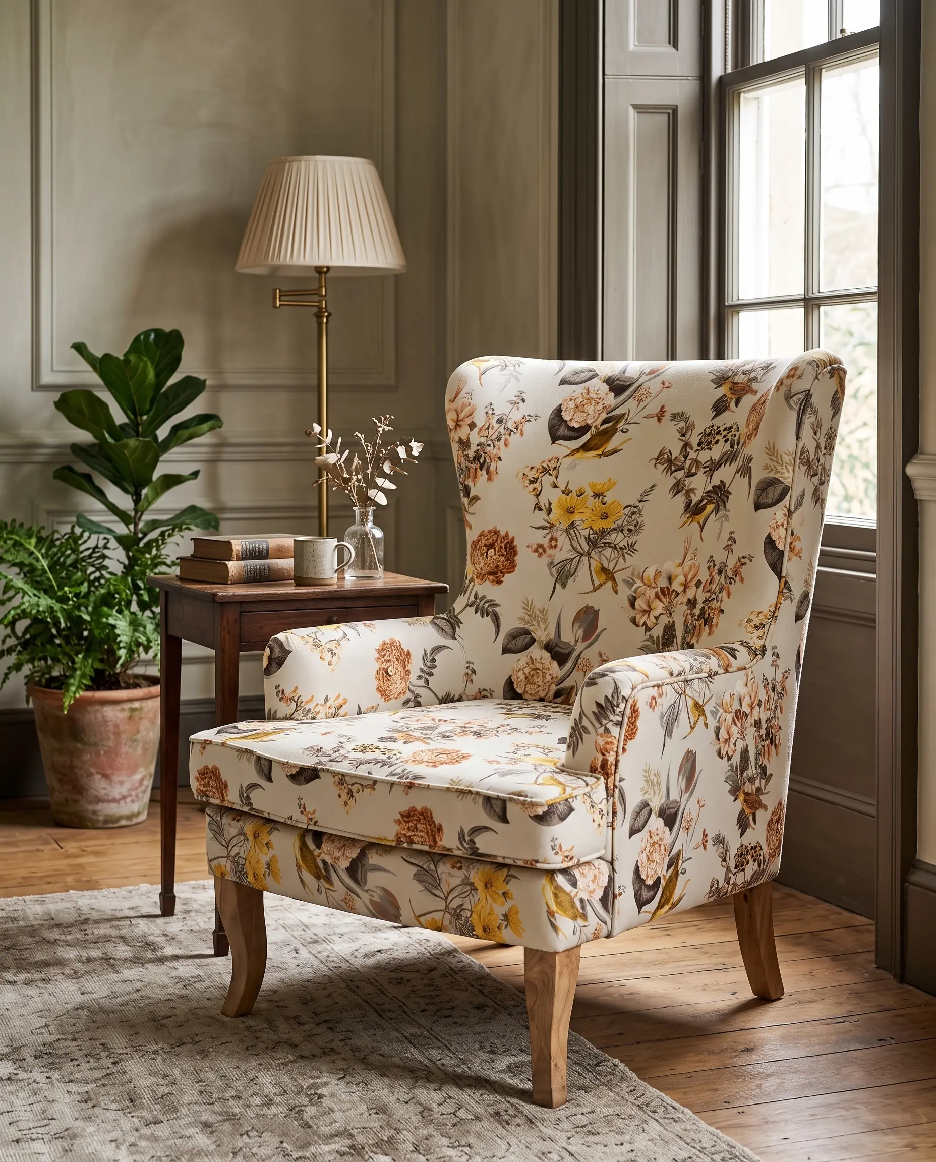 Botanica Handcrafted Wingback Accent Chair with Cream Floral Print and Cabriole Legs