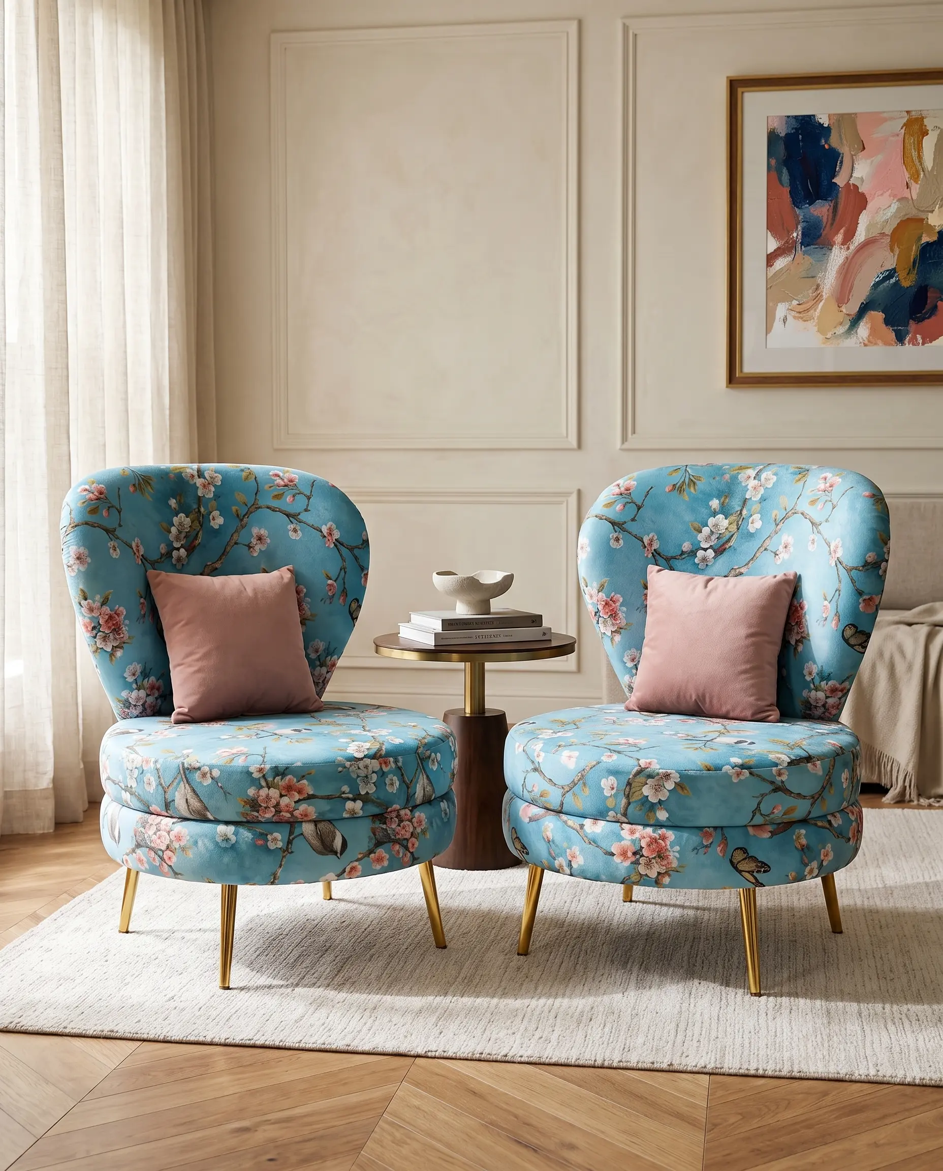 Azure Bloom Round Armless Slipper Chair in Printed Blue Velvet with Gold Metal Legs — View 1