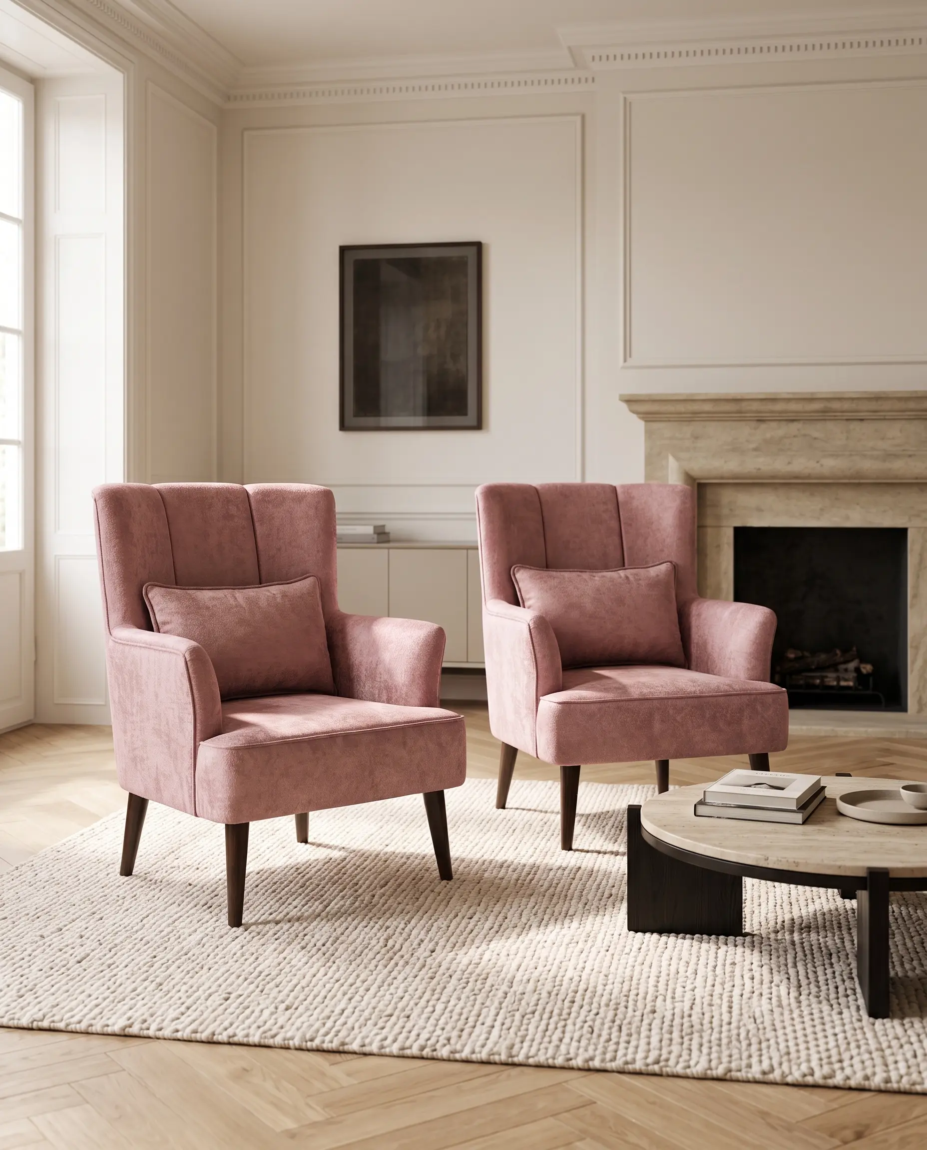 Dusty Pink Fluted Highback Wing Accent Chair in Dusty Pink Velvet