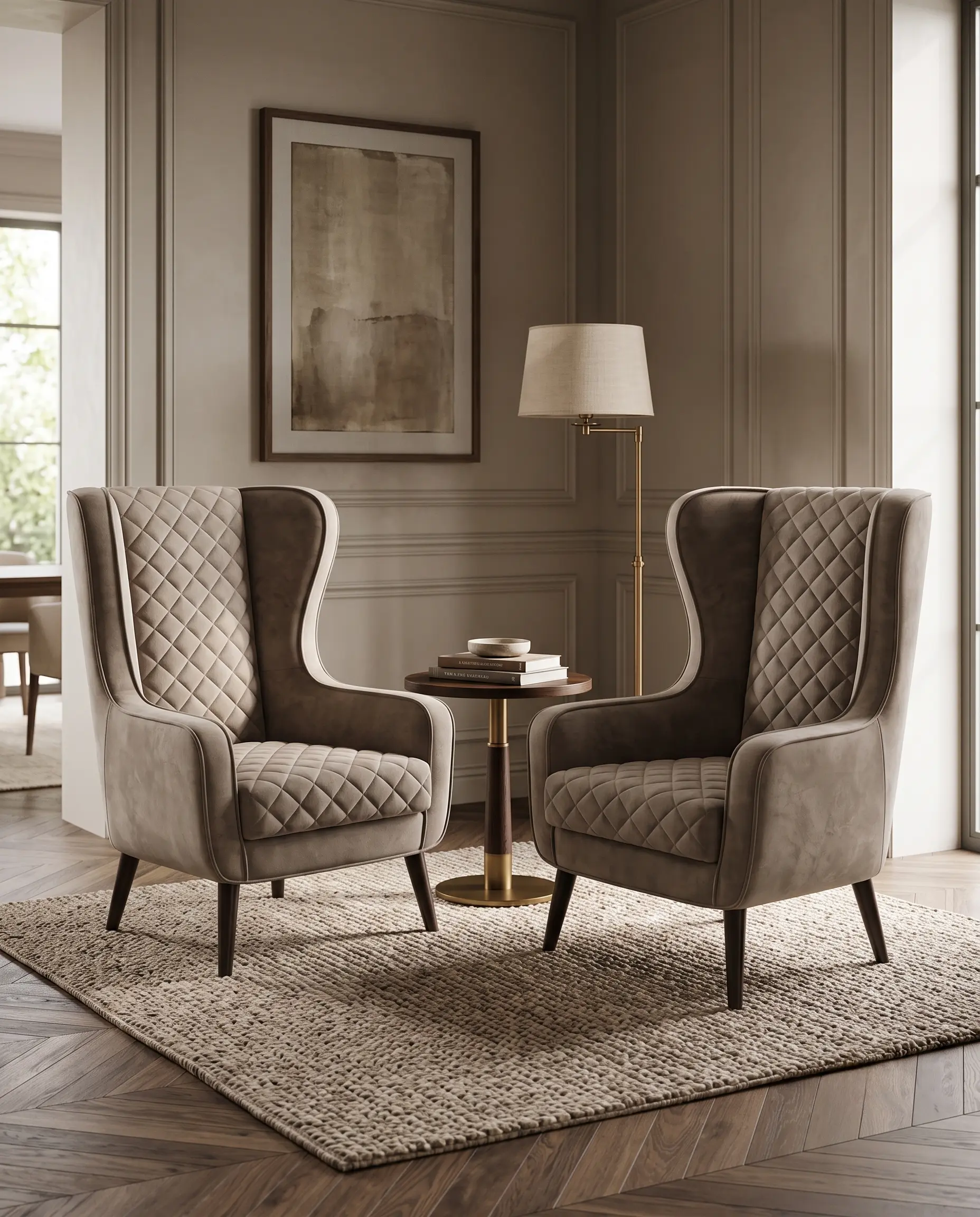 Nordic Diamond Quilted High-Back Wing Accent Chair in Taupe Grey Suede — View 1