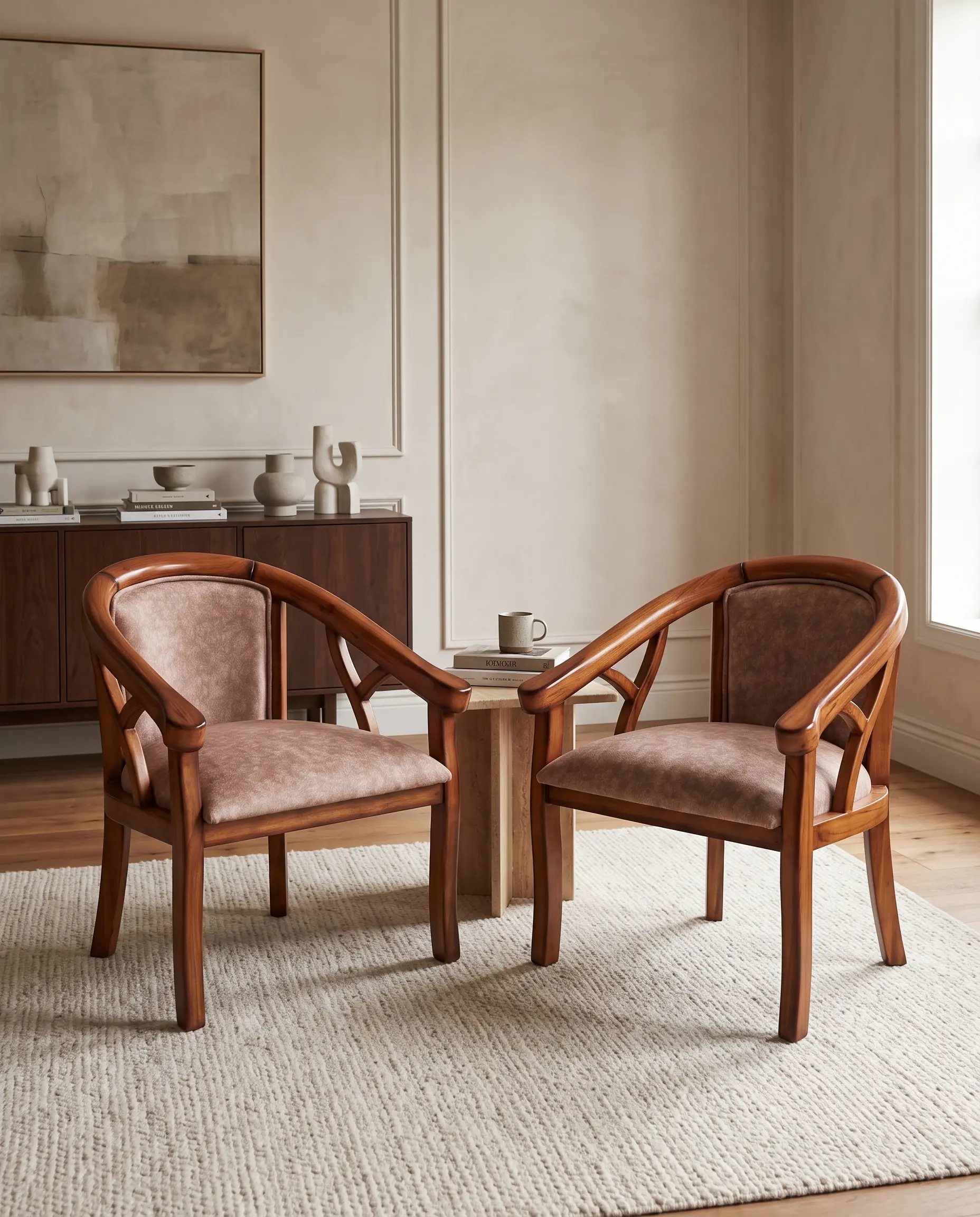 Artisanal Solid Teak Wood Curved Barrel Frame Armchair Pair with Suede Cushioning
