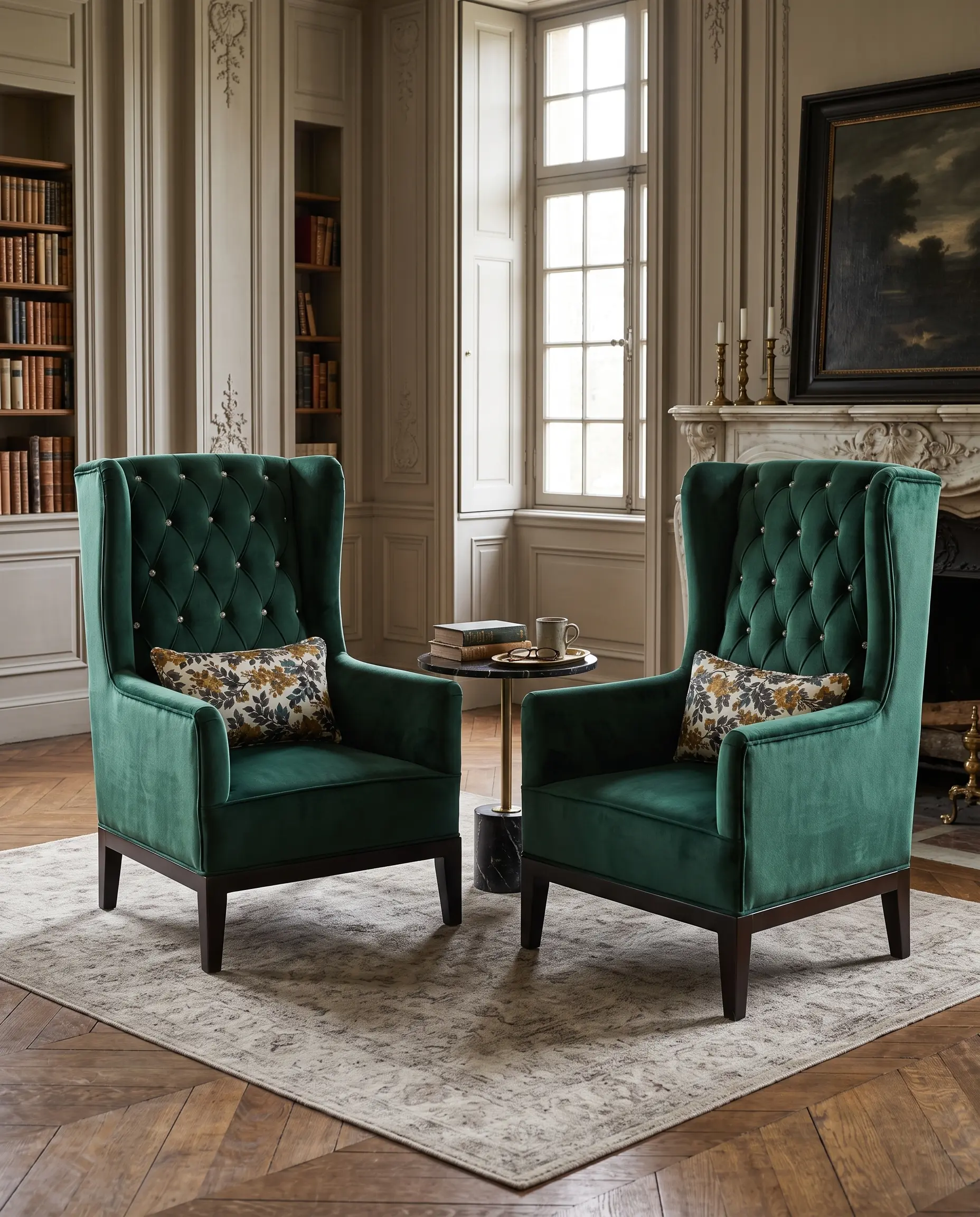 Royale Crystal Tufted High-Back Wing Chair Pair in Deep Emerald Green Velvet