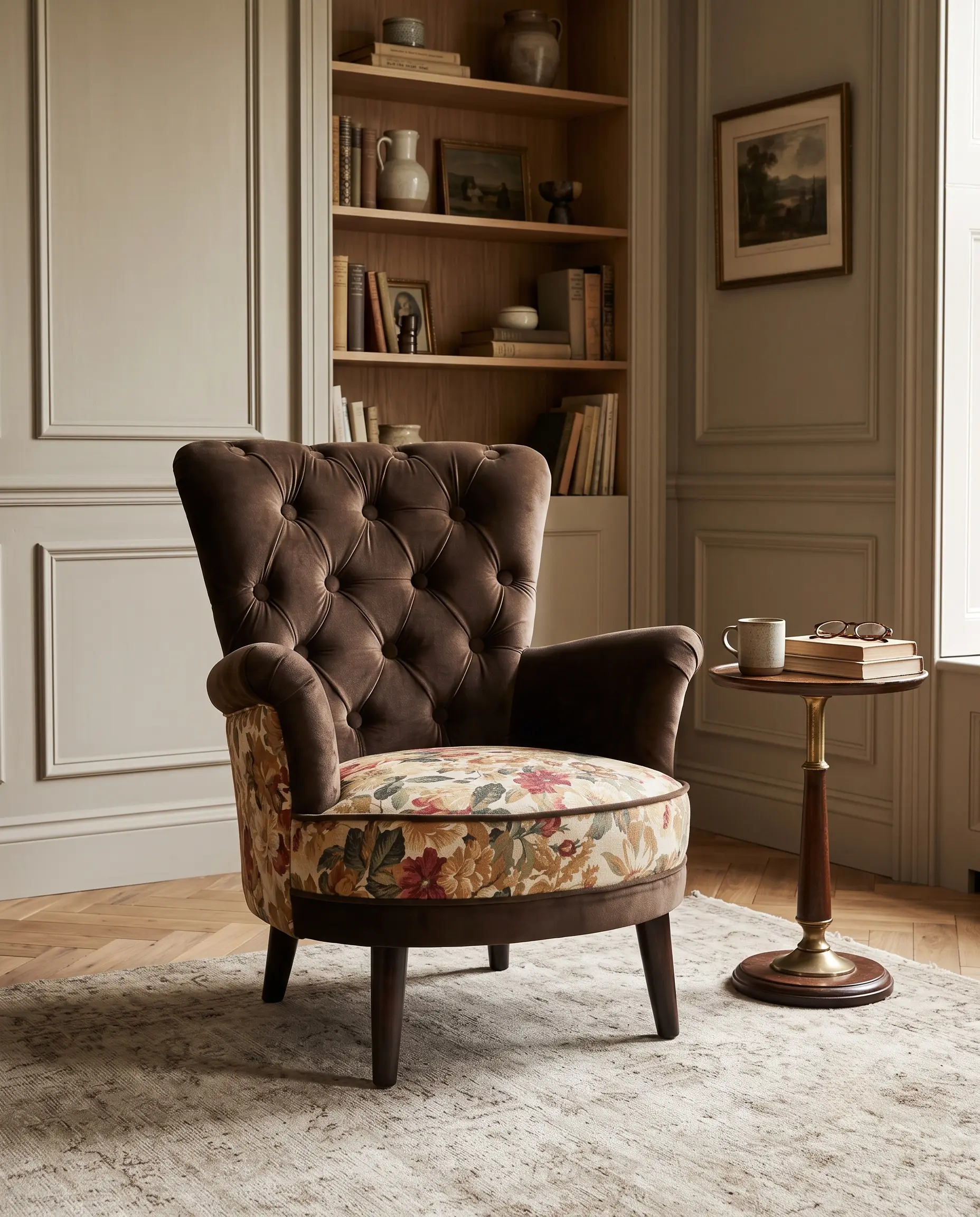 Mocha Brown English Floral Tufted Armchair with Mocha Brown Floral Tapestry