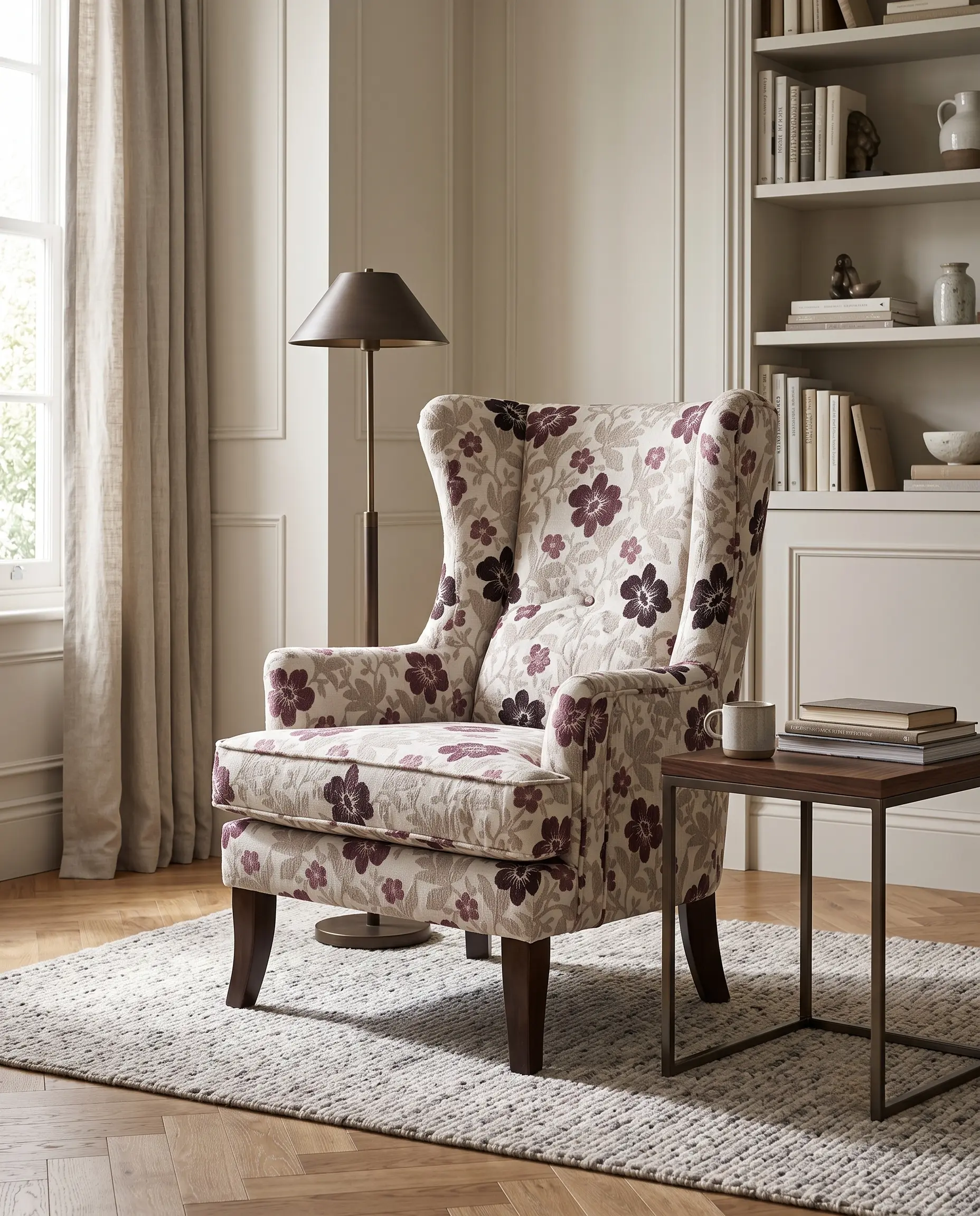 Flora Classic Wingback Armchair with Jacquard Floral Weave & Solid Wood Legs