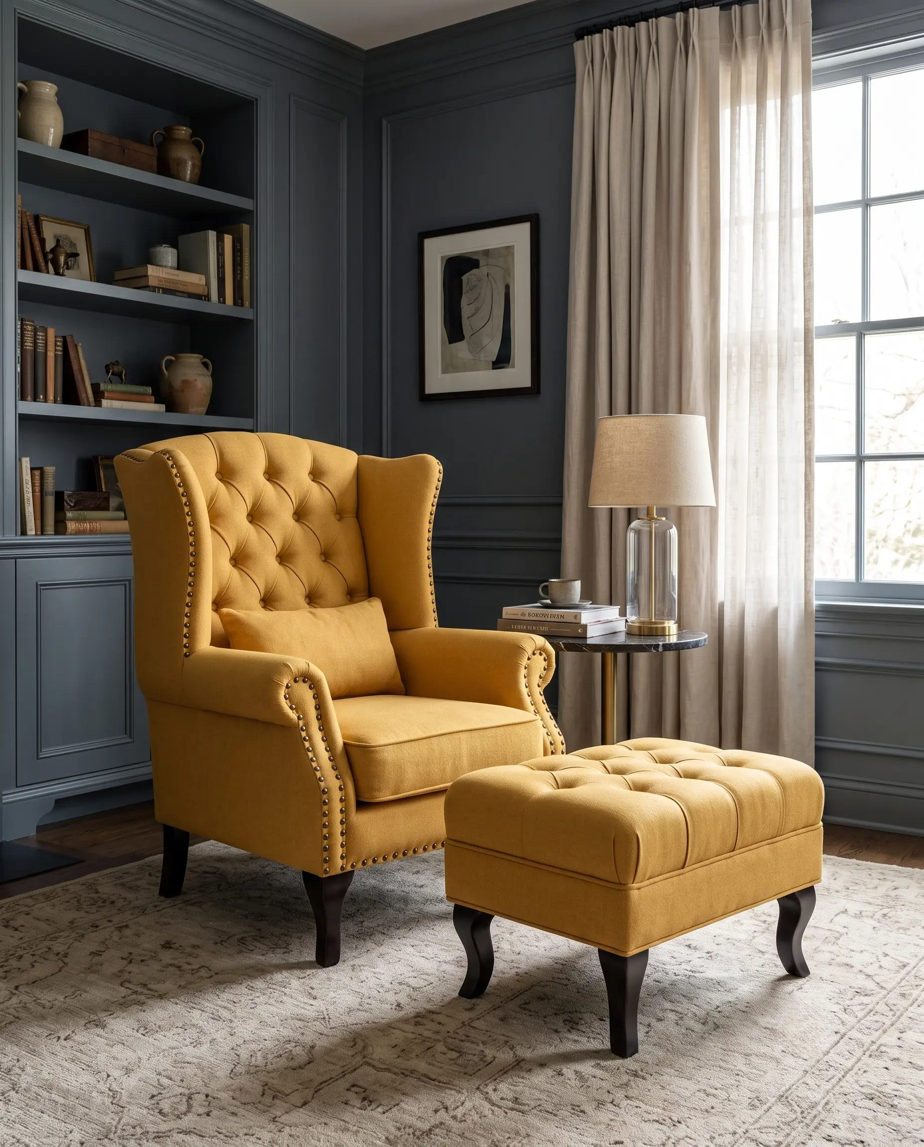 Mustard Yellow Tufted Wingback Chair Set with Matching Footstool Ottoman in Mustard Velvet