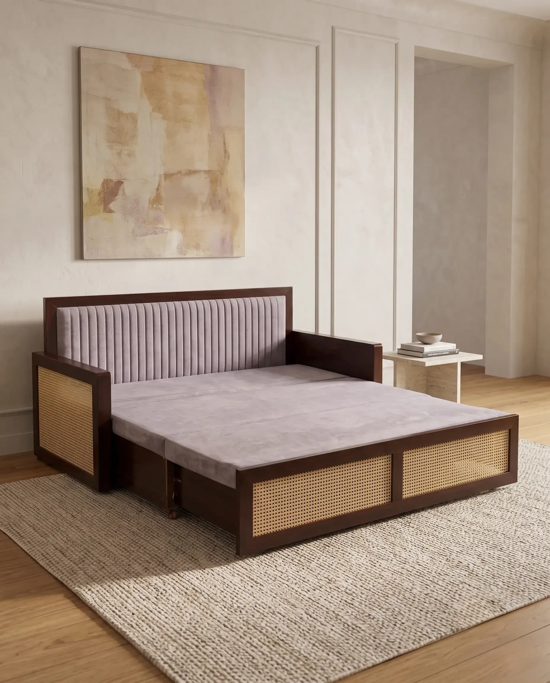 Durable Space-Saving Sofa Cum Bed — Cane Wood Lavender 3-Seater in Delhi