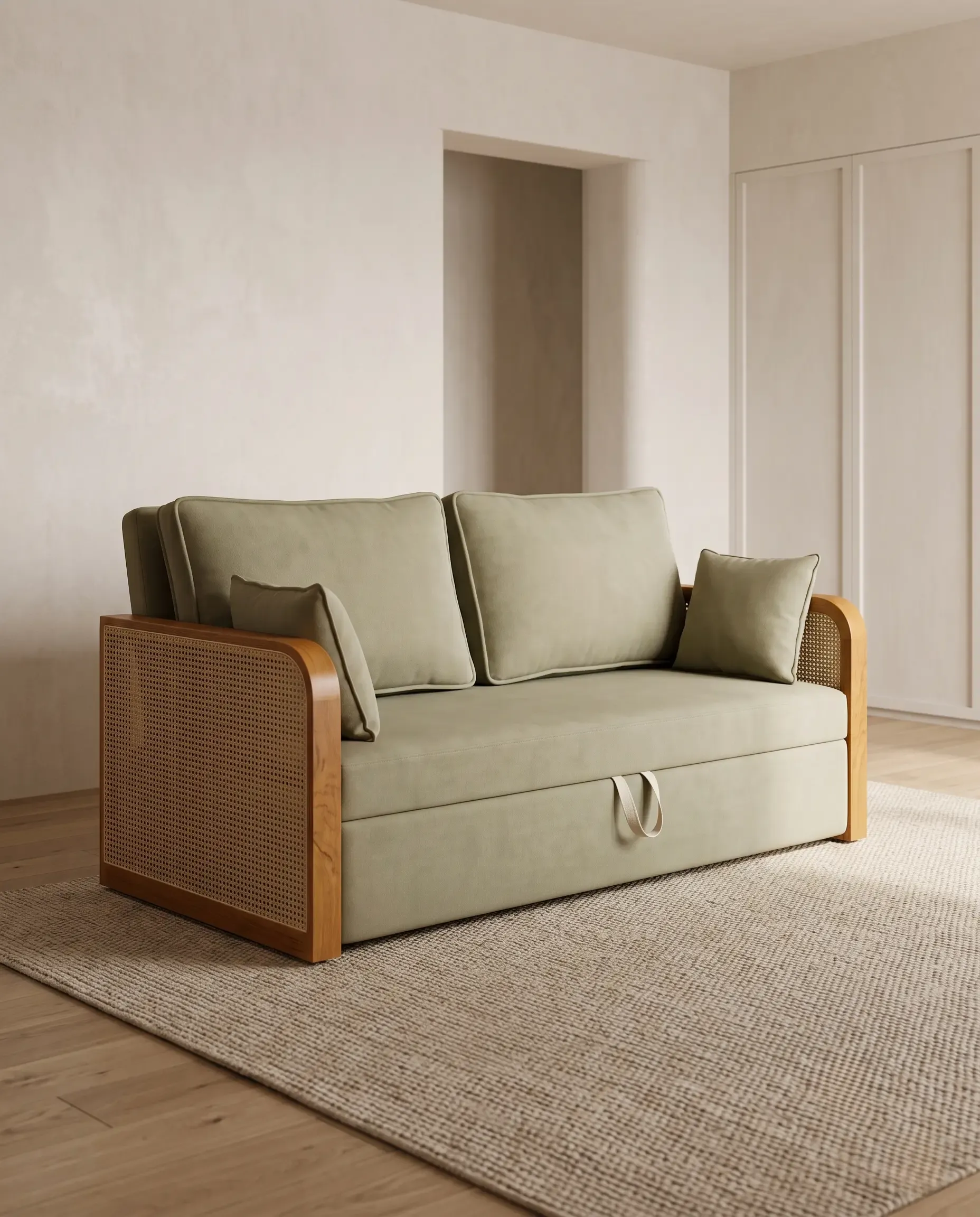 Verona Compact Cane Wood 2-Seater Loveseat Sofa Cum Bed in Sage Green