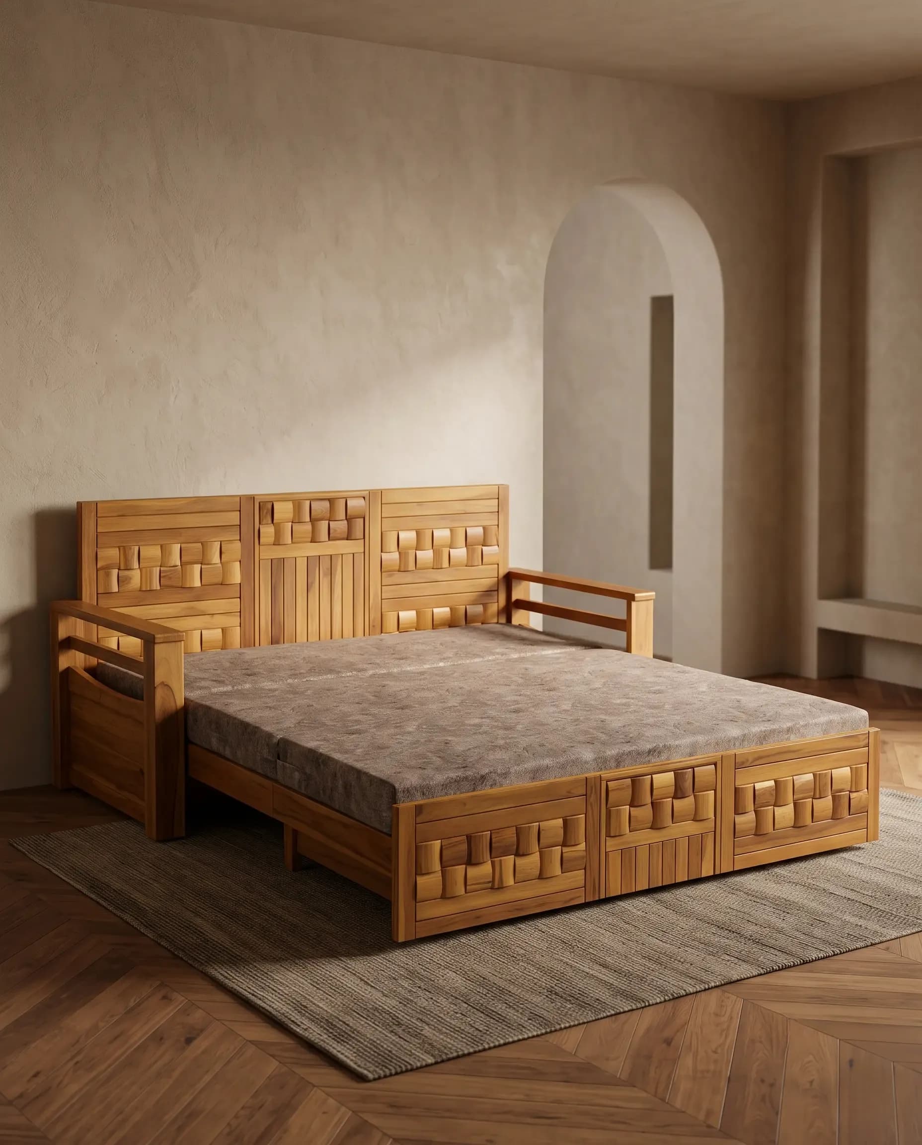 Heritage Handcrafted Carved Solid Teak 3-Seater Sofa Bed in Taupe Upholstery