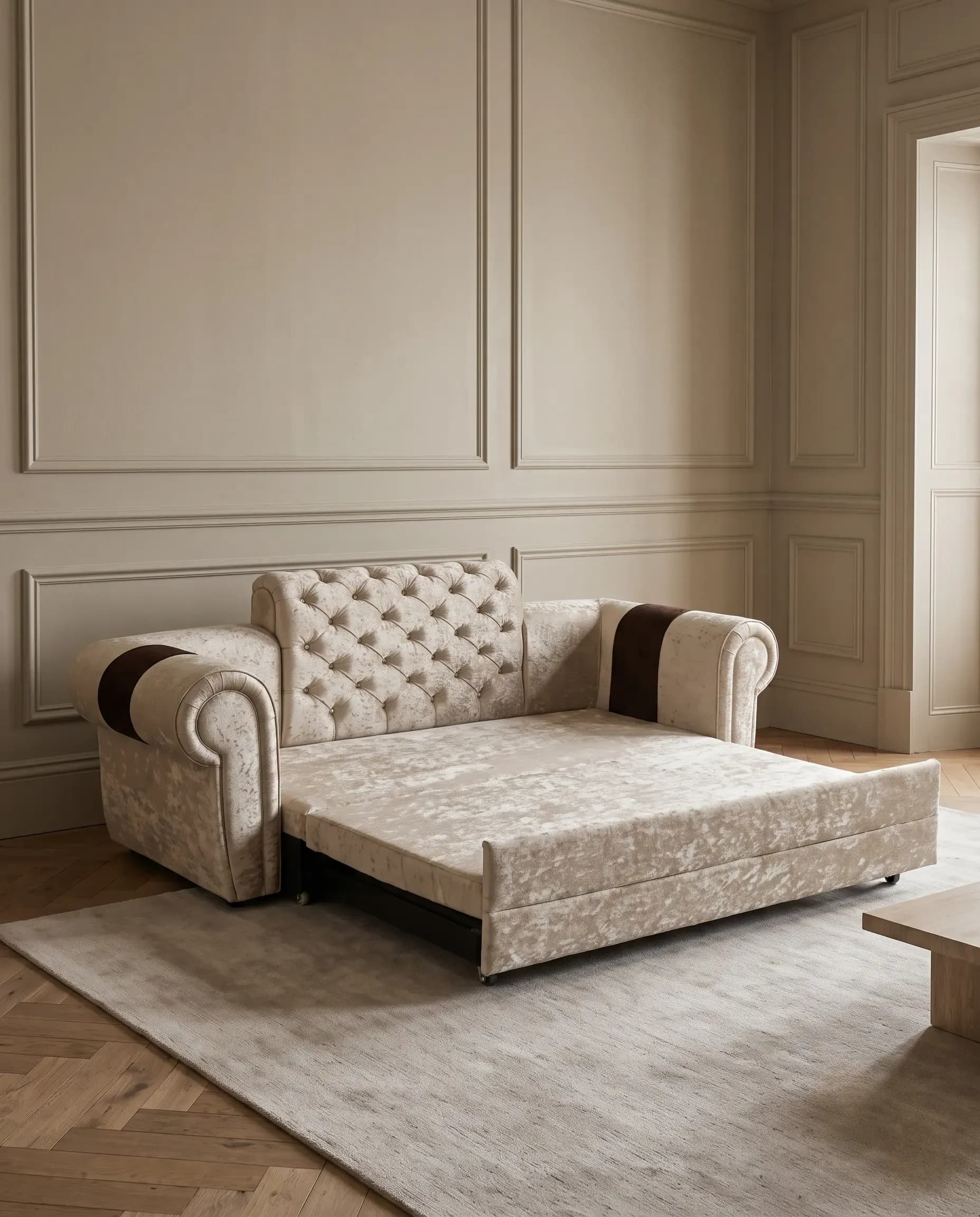 Royale Deep Tufted Chesterfield 3-Seater Foldout Sofa Bed in Ivory Cream Velvet