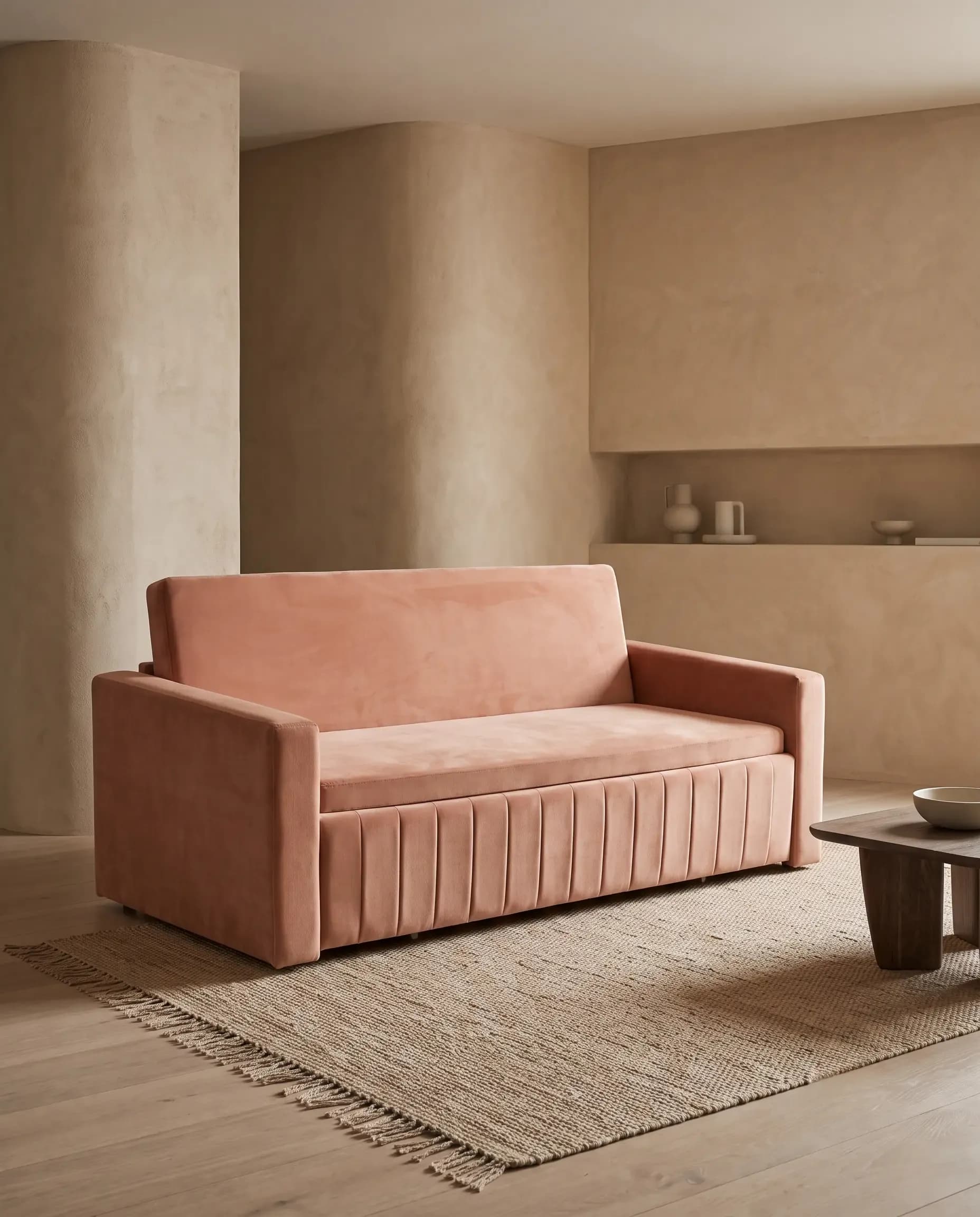 Modena Space-Saving Compact Studio 2-Seater Sofa Bed in Peach Pink Linen