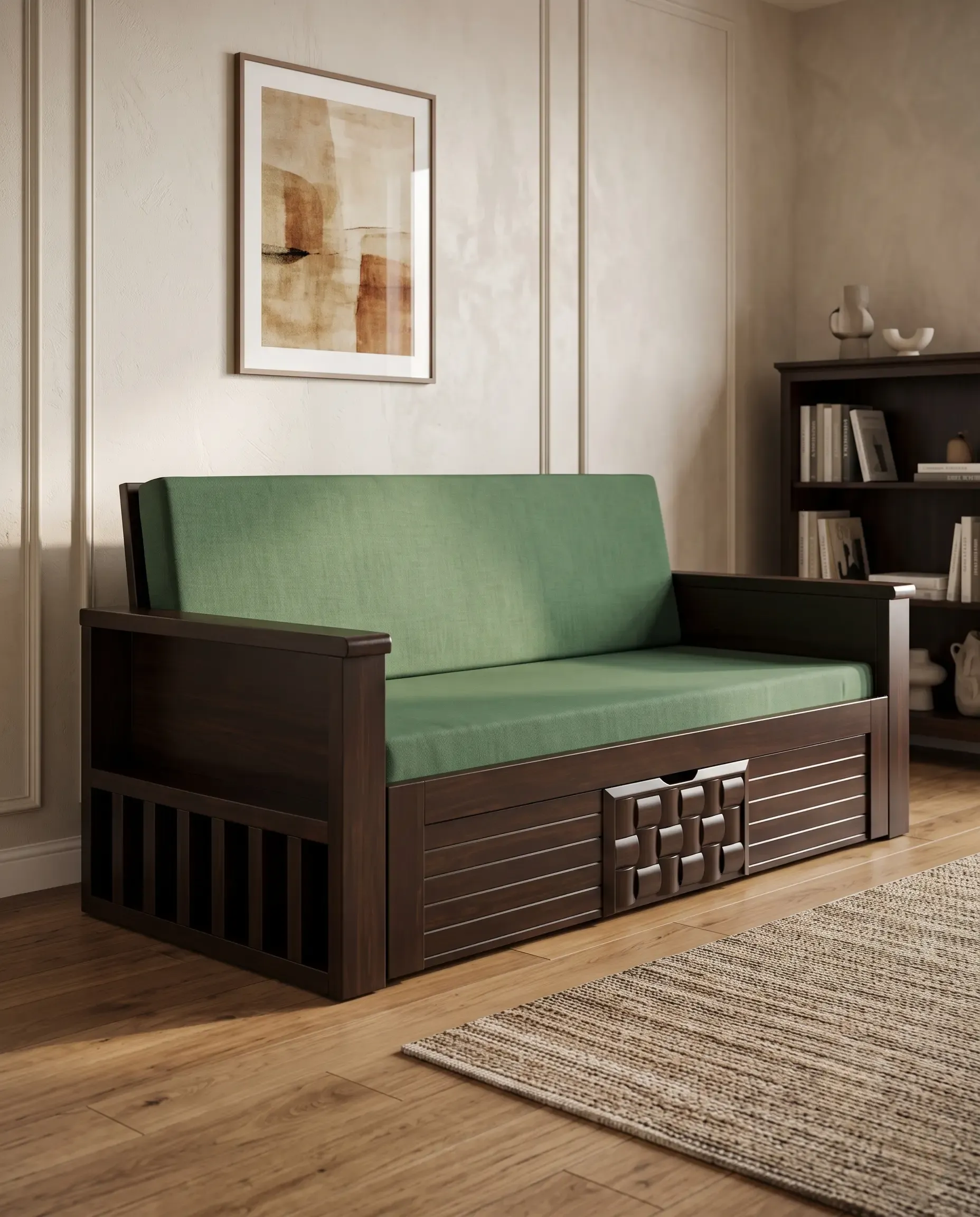 Tuscan Modern Tailored Foldout 3-Seater Sofa Bed in Deep Olive Green Velvet