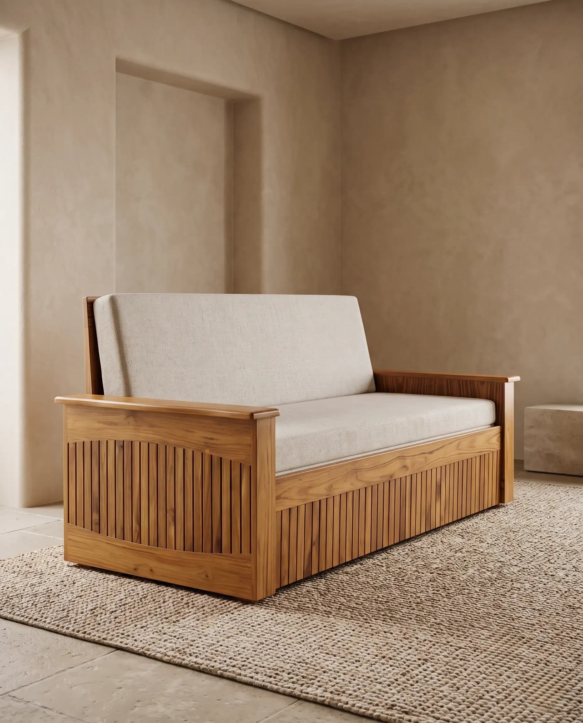 Artisan Slatted Solid Teak Wood Frame Pullout 3-Seater Sofa Bed in Off-White