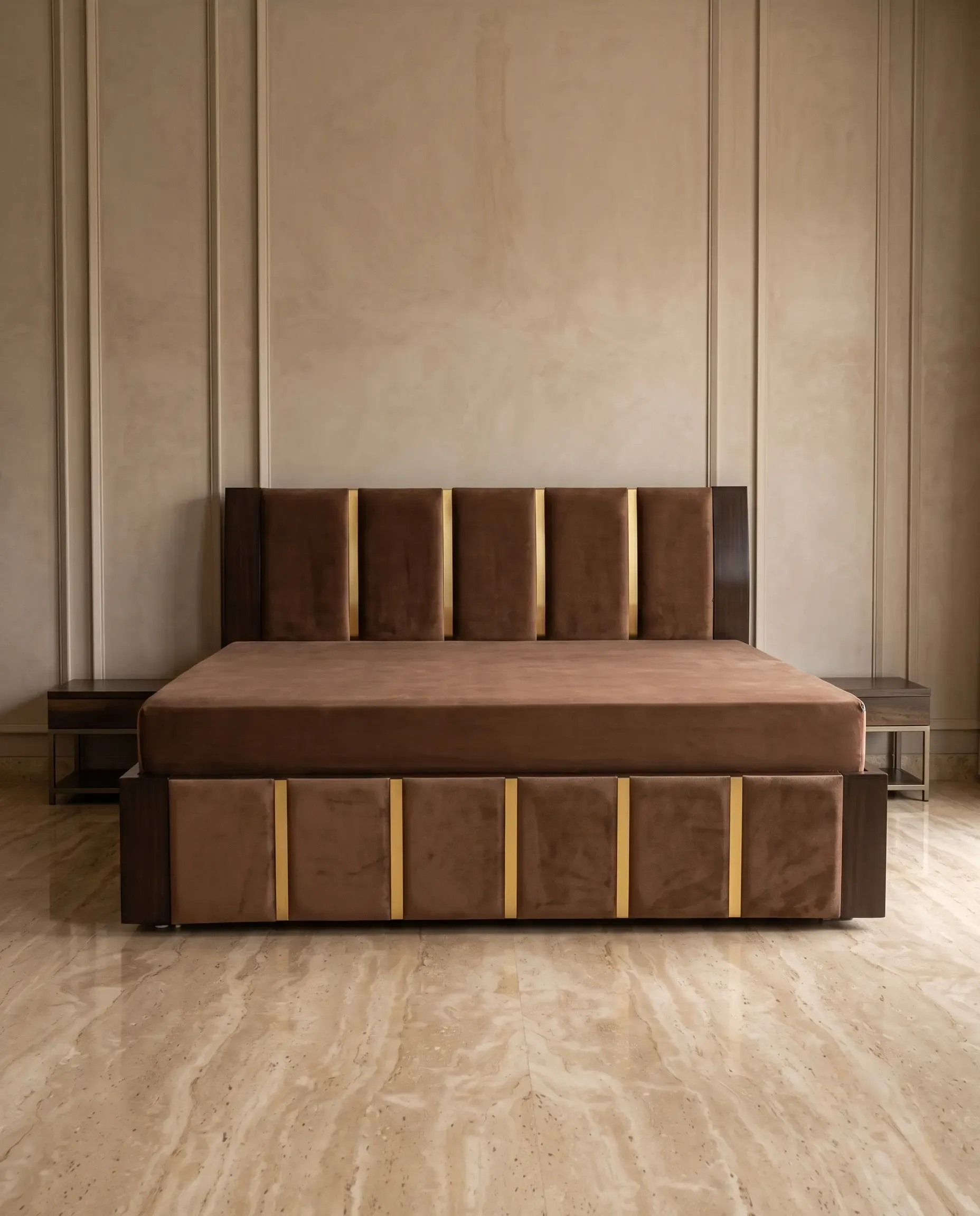 Kyoto Japanese Vertical Fluted Slat Pullout Slider Sofa Bed in Mocha Brown — View 1