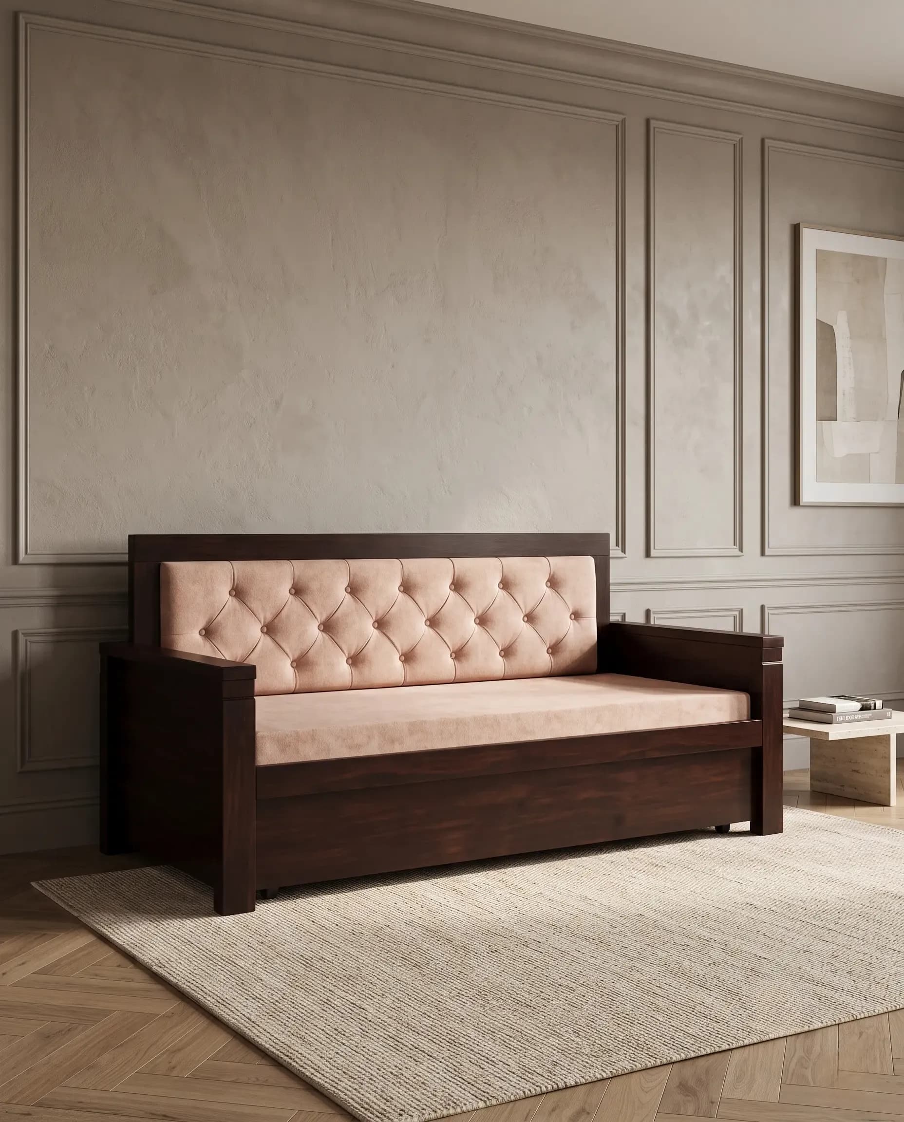 Flora Mid-Century Curved Wooden Frame 3-Seater Daybed Sofa in Dusty Blush Pink — View 1