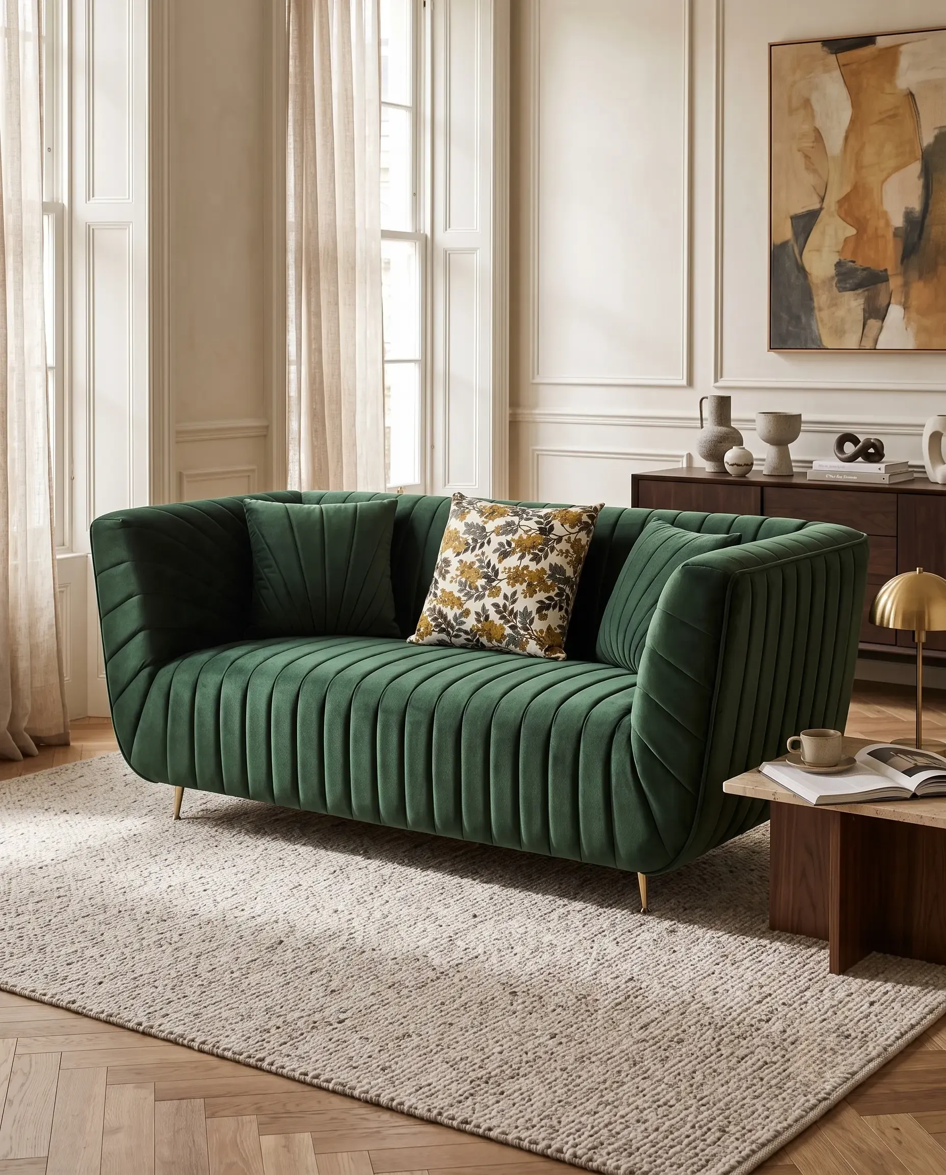 Verde Channel Tufted 2-Seater Curved Accent Sofa in Emerald Green Velvet