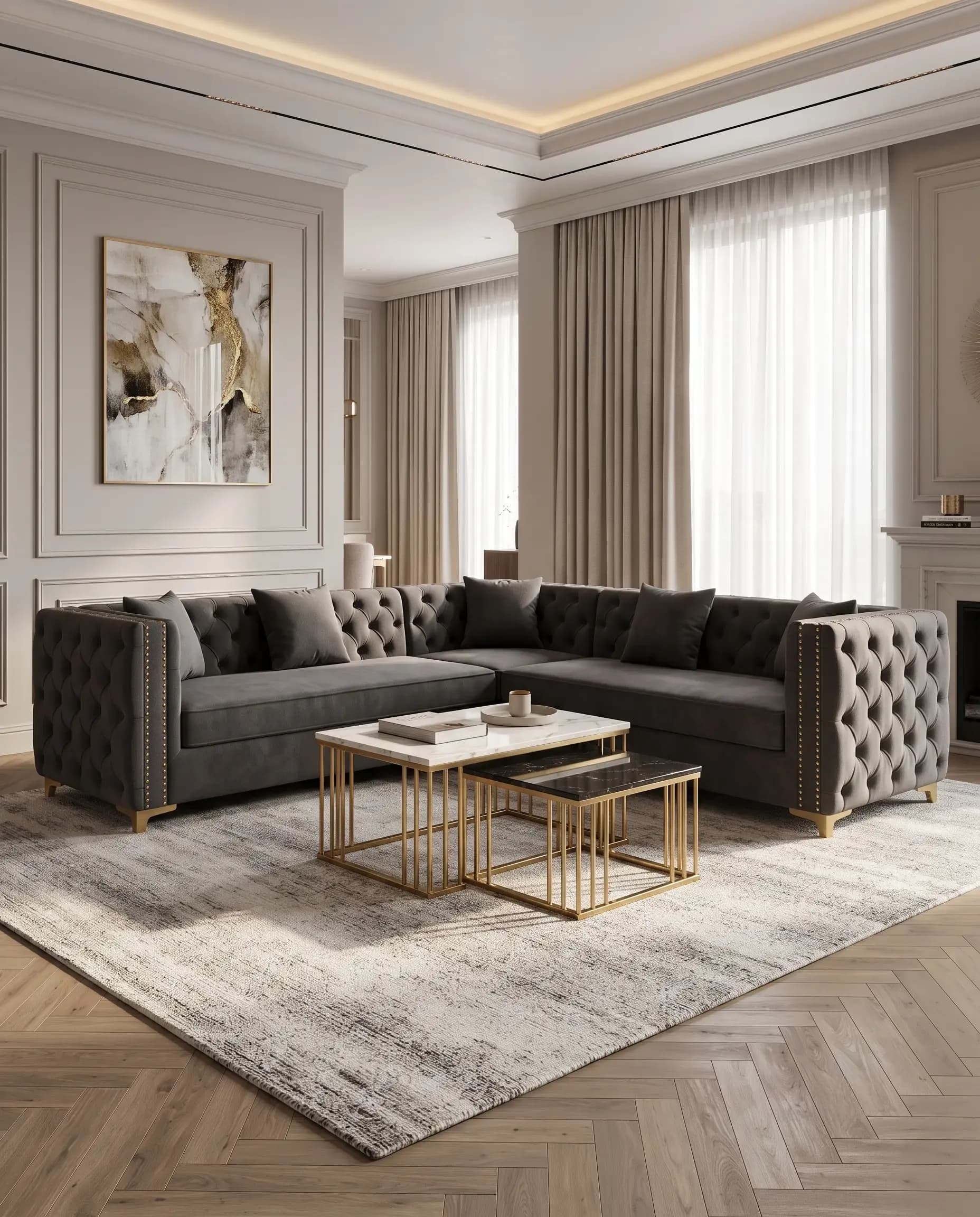 Granite Charcoal Grey Diamond Tufted Chesterfield 7-Seater Corner Sectional