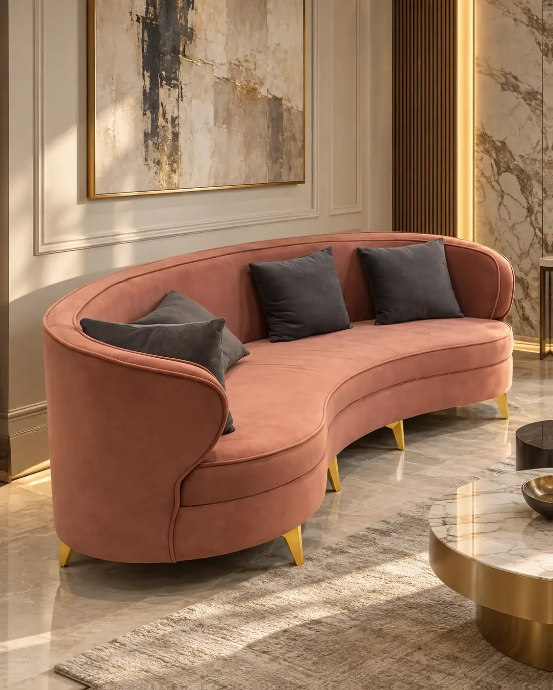 Aura Sculpted Crescent Curved 3-Seater Lounger Sofa in Dusty Blush Velvet