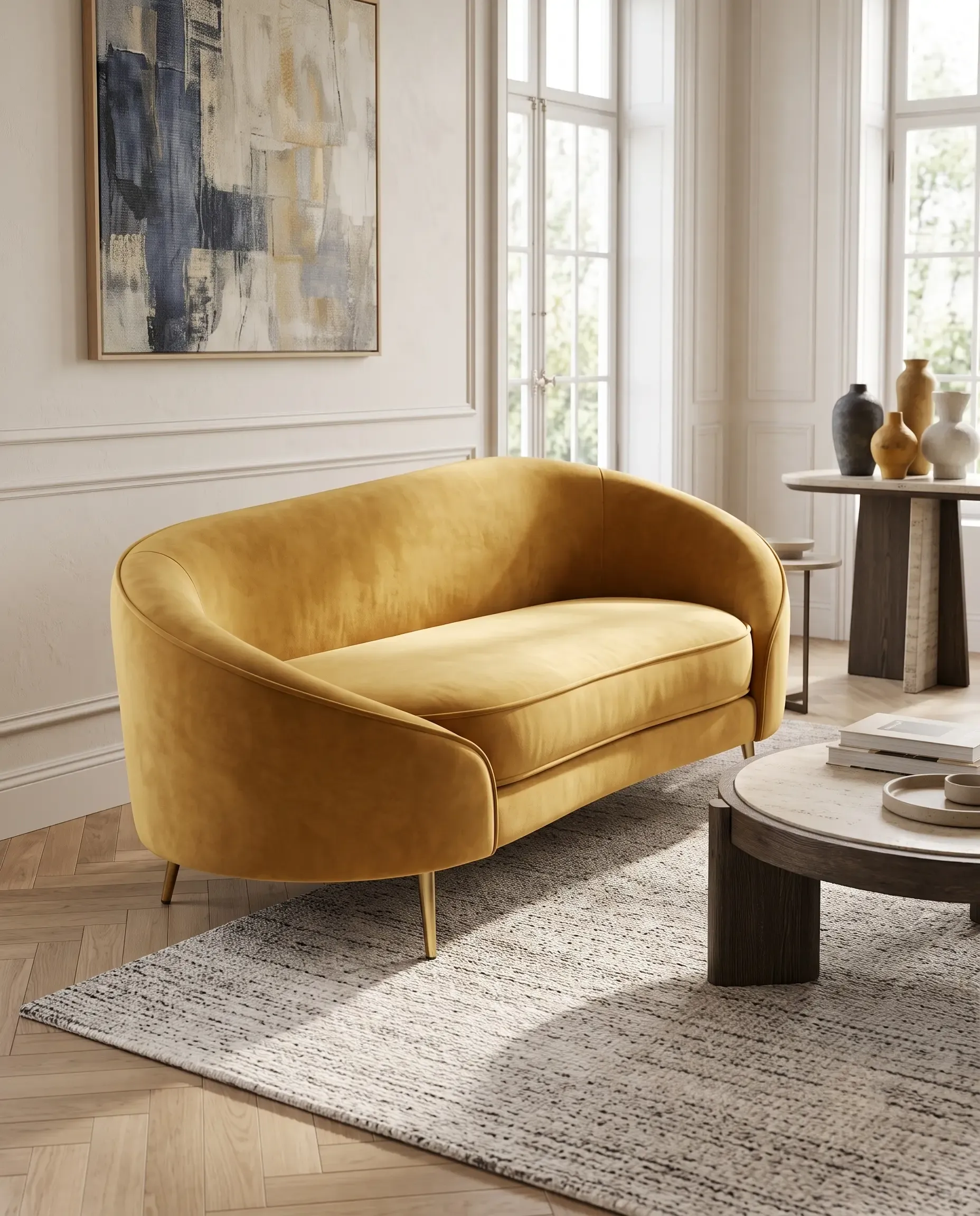 Mustard Yellow Curved Velvet 2-Seater Loveseat in Warm Mustard Yellow