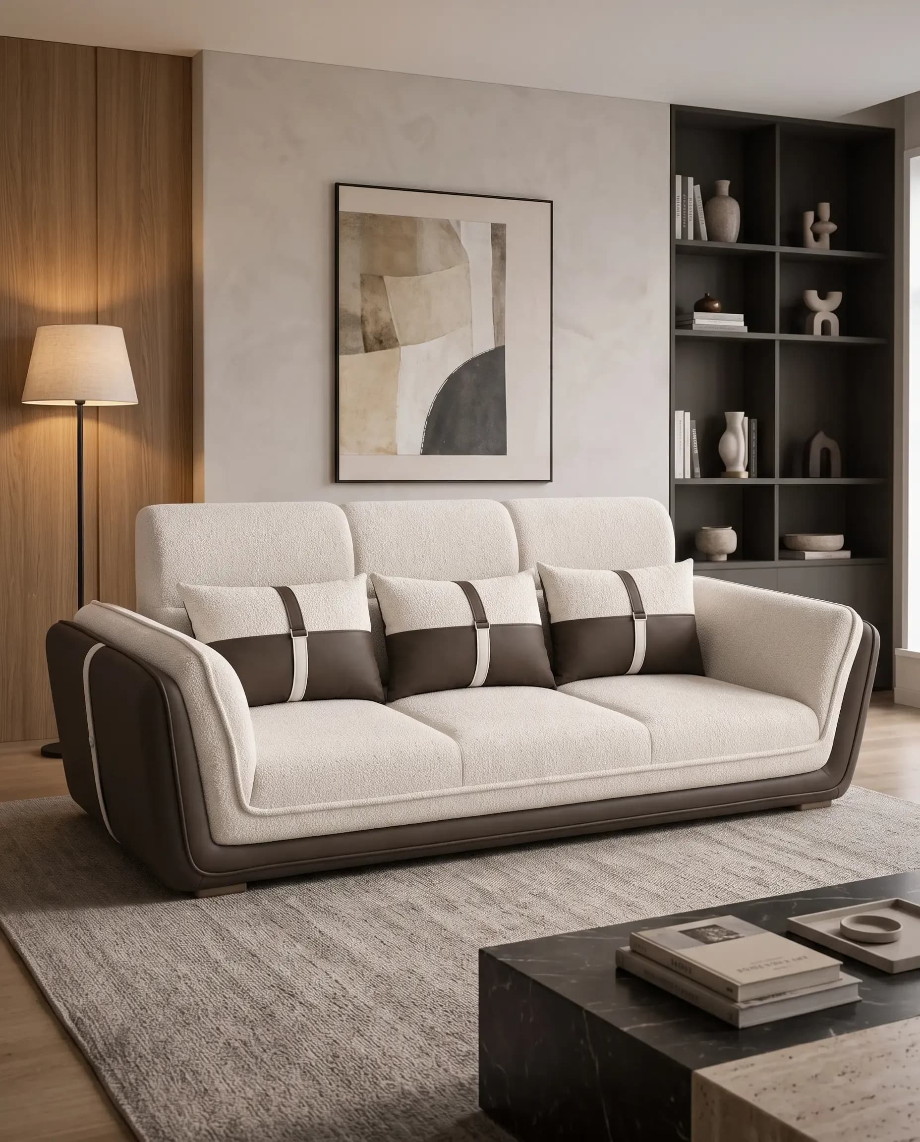 Handcrafted Luxury Sofas in New Delhi — Modern Cream Brown 3-Seater by Rajindra Furniture