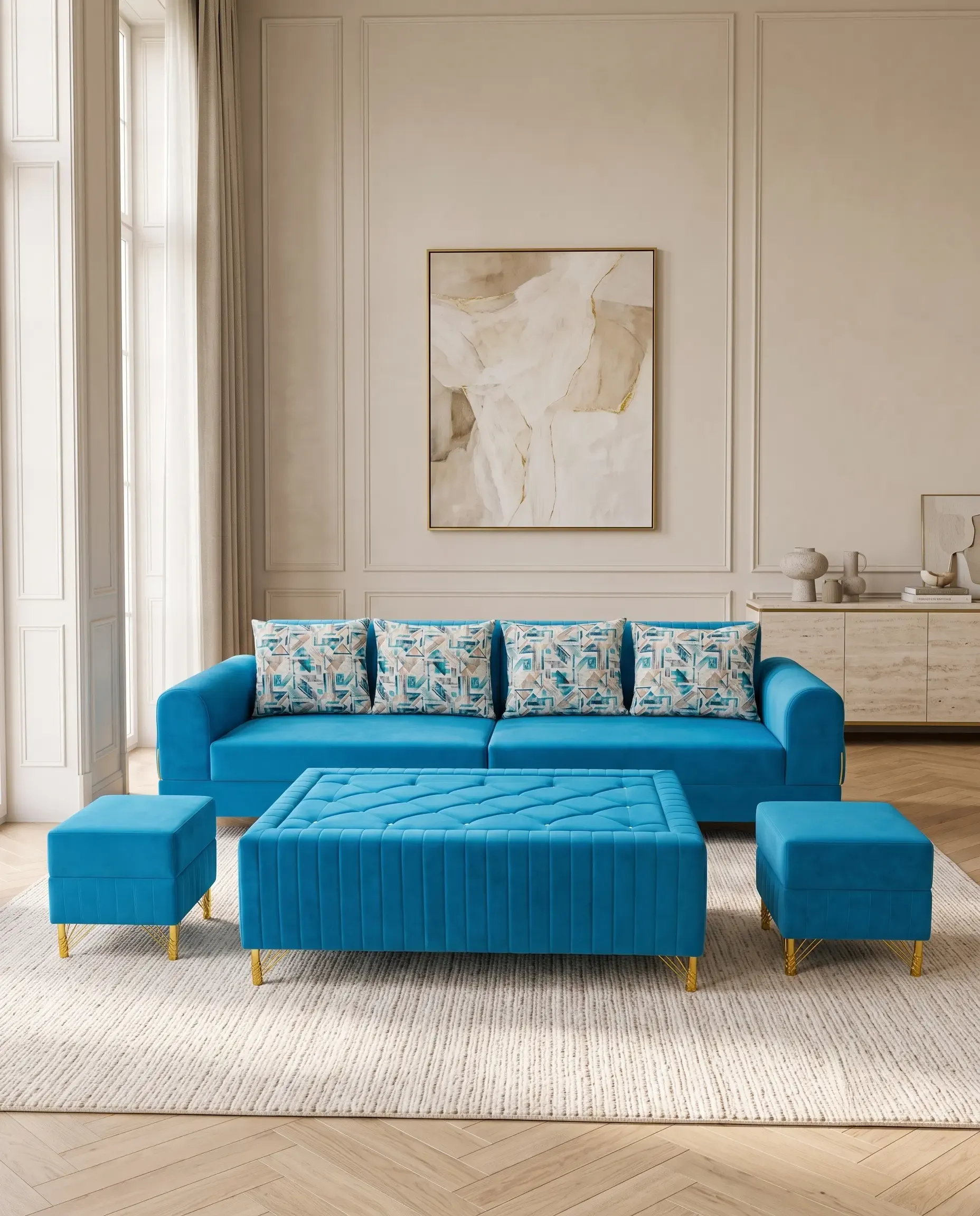 Azure Living Suite 4-Seater Straight Sofa with Oversized Quilted Ottoman in Sky Blue