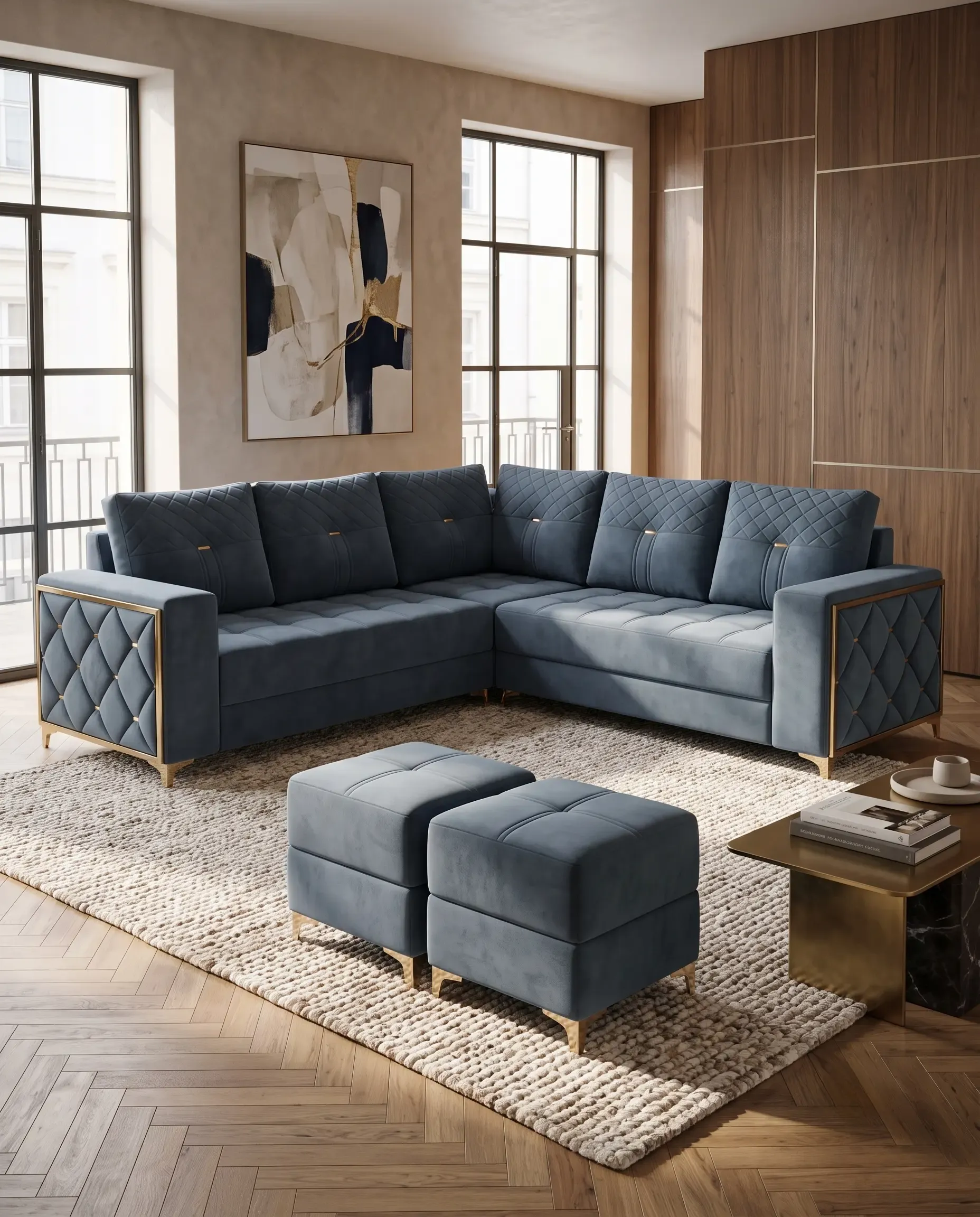 Celestial Diamond Quilted 7-Seater Corner Sectional with Ottomans in Slate Blue Velvet — View 1