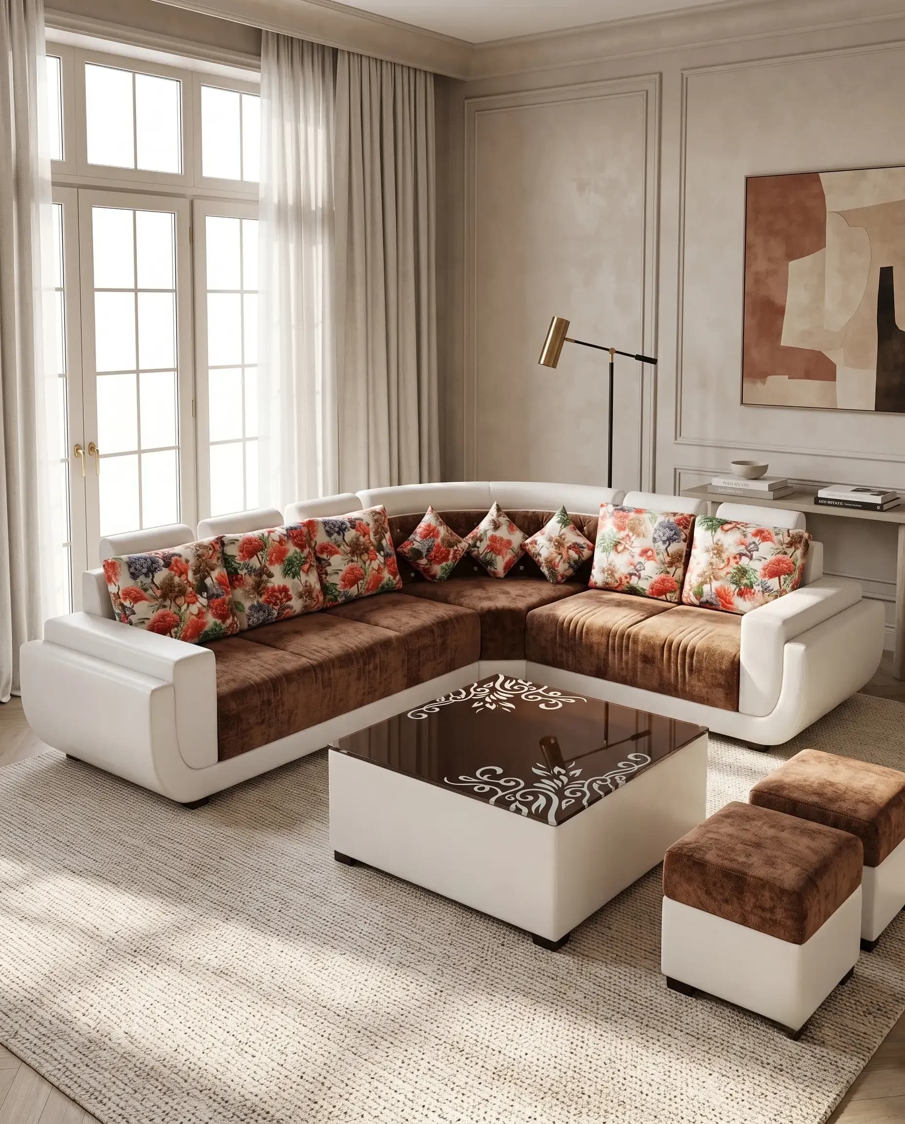 Maharaja Dual-Tone 7-Seater Sectional with Tapestry Cushions and Matching Coffee Table — View 1