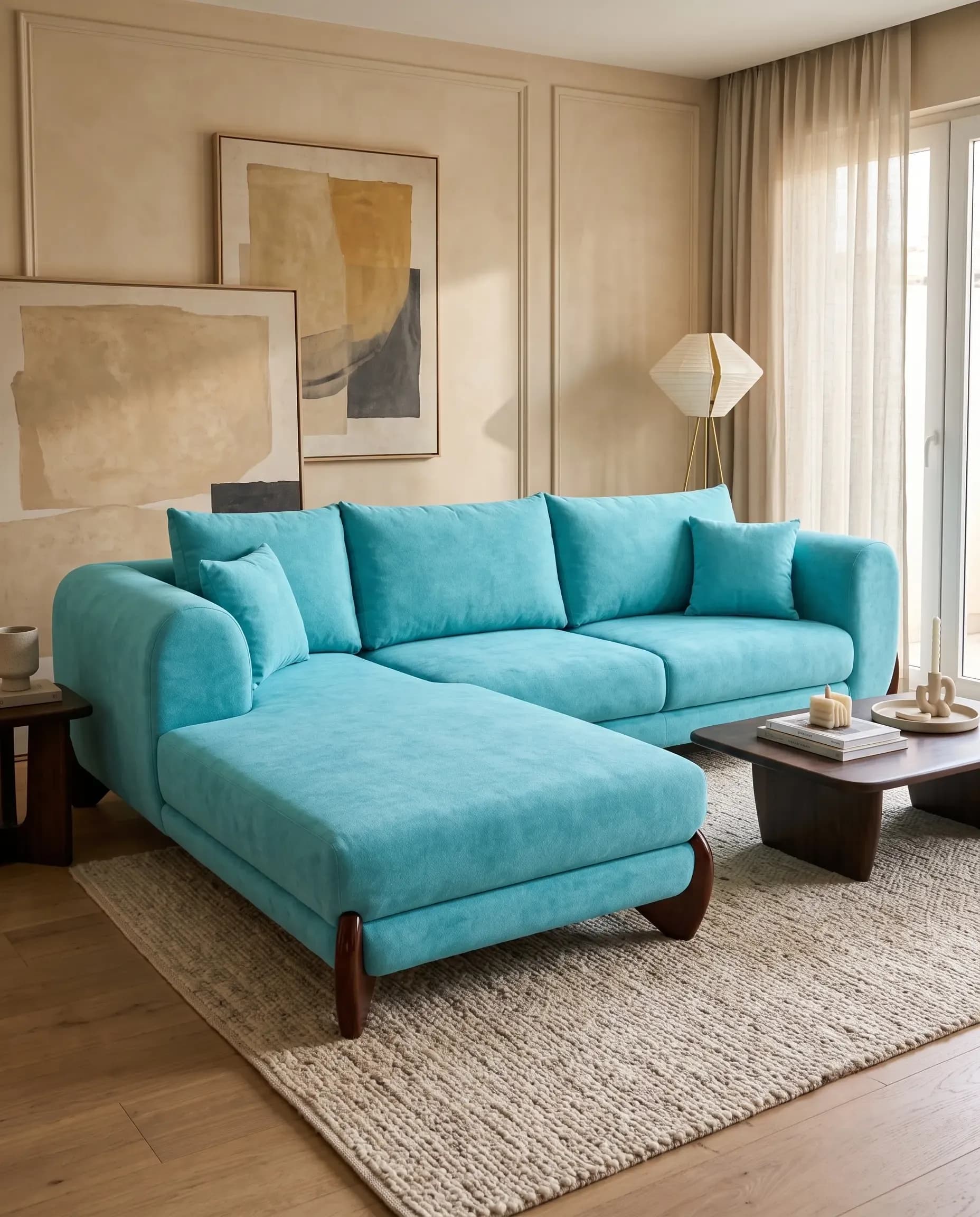 Capri Ocean Chaise 4-Seater Compact Sectional in Vivid Cyan Blue Velvet — View 1