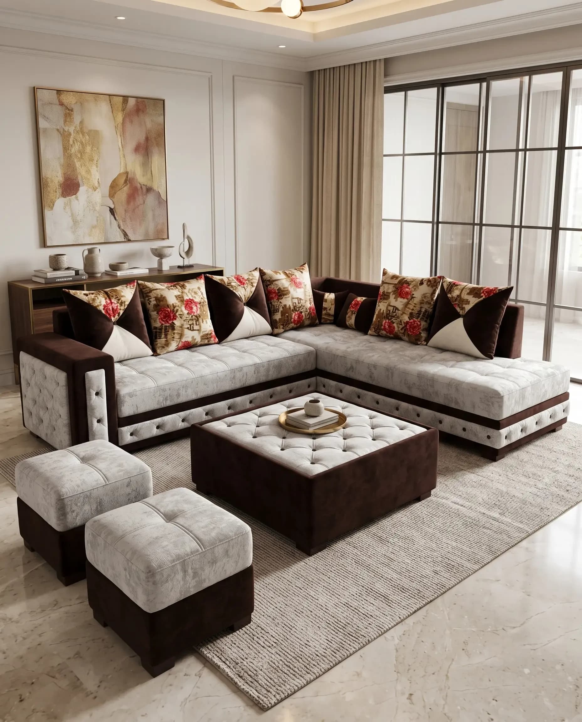 Versailles Dual-Tone 7-Seater Sectional in Espresso Velvet and Floral Jacquard — View 1