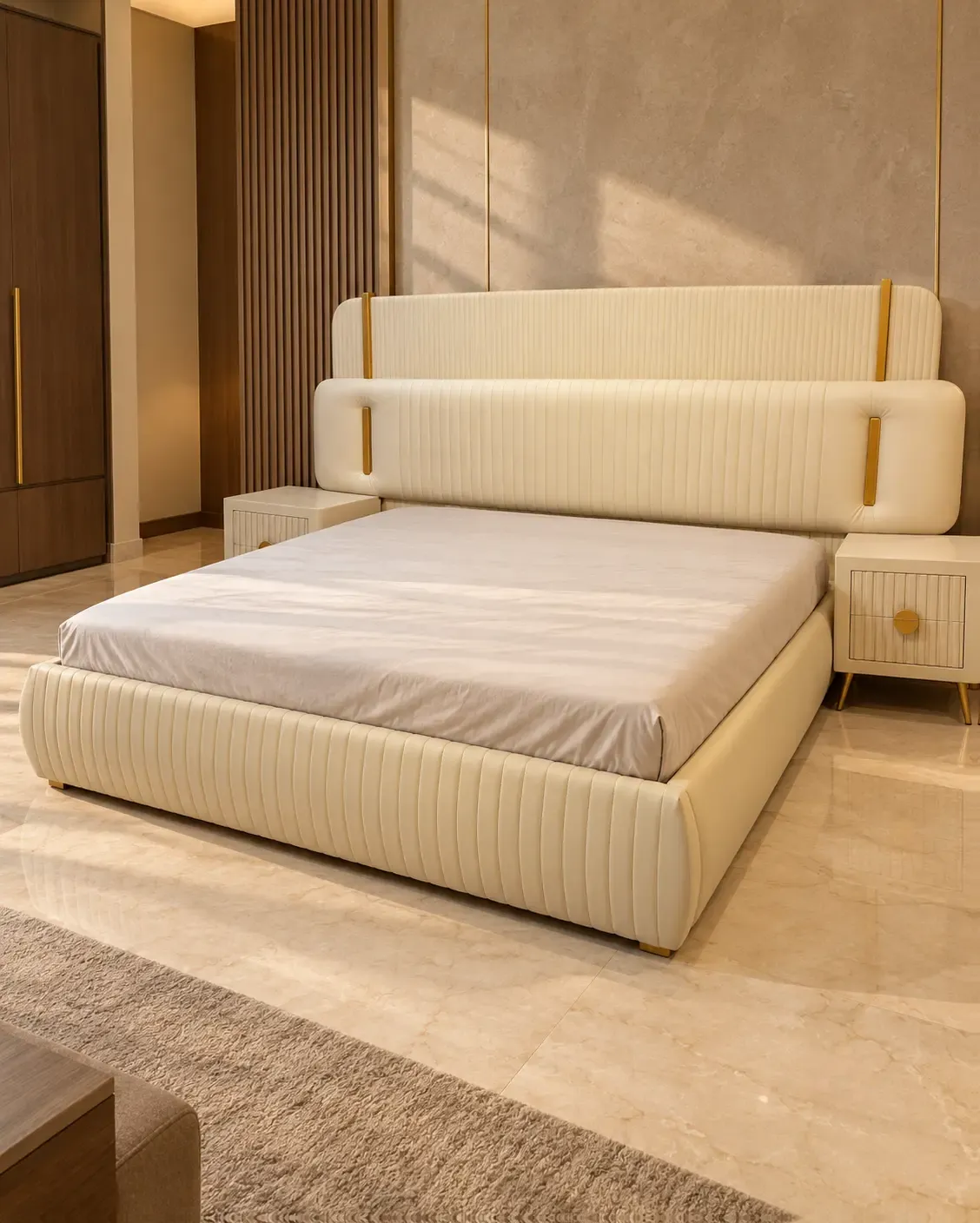 Copenhagen Minimalist Vertical Fluted Slat King Bed Frame in Ivory Linen — View 1